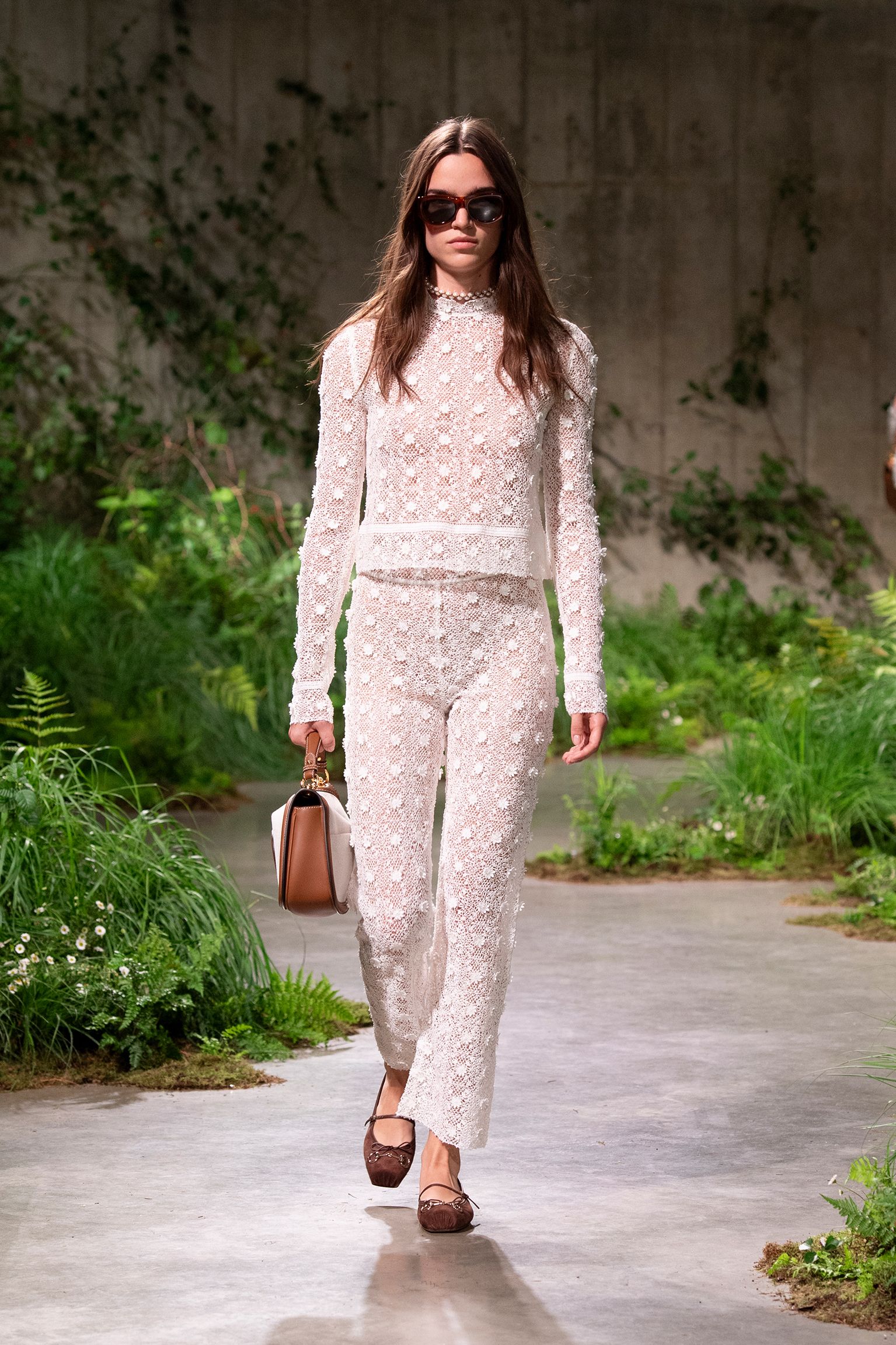 white lace long-sleeve fitted embroidered flared sheer pants