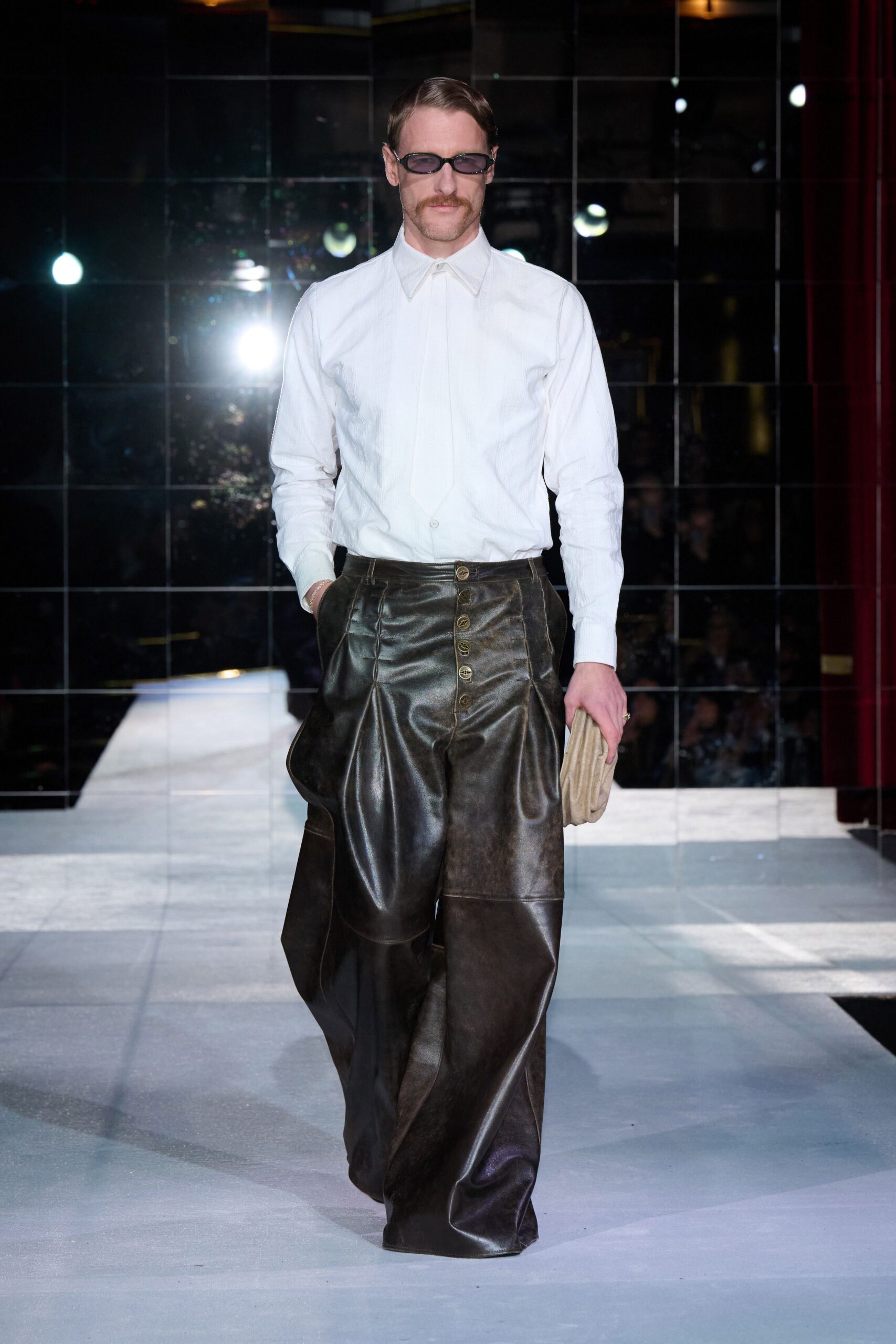 brown leather relaxed high-waisted buttoned pleated pants