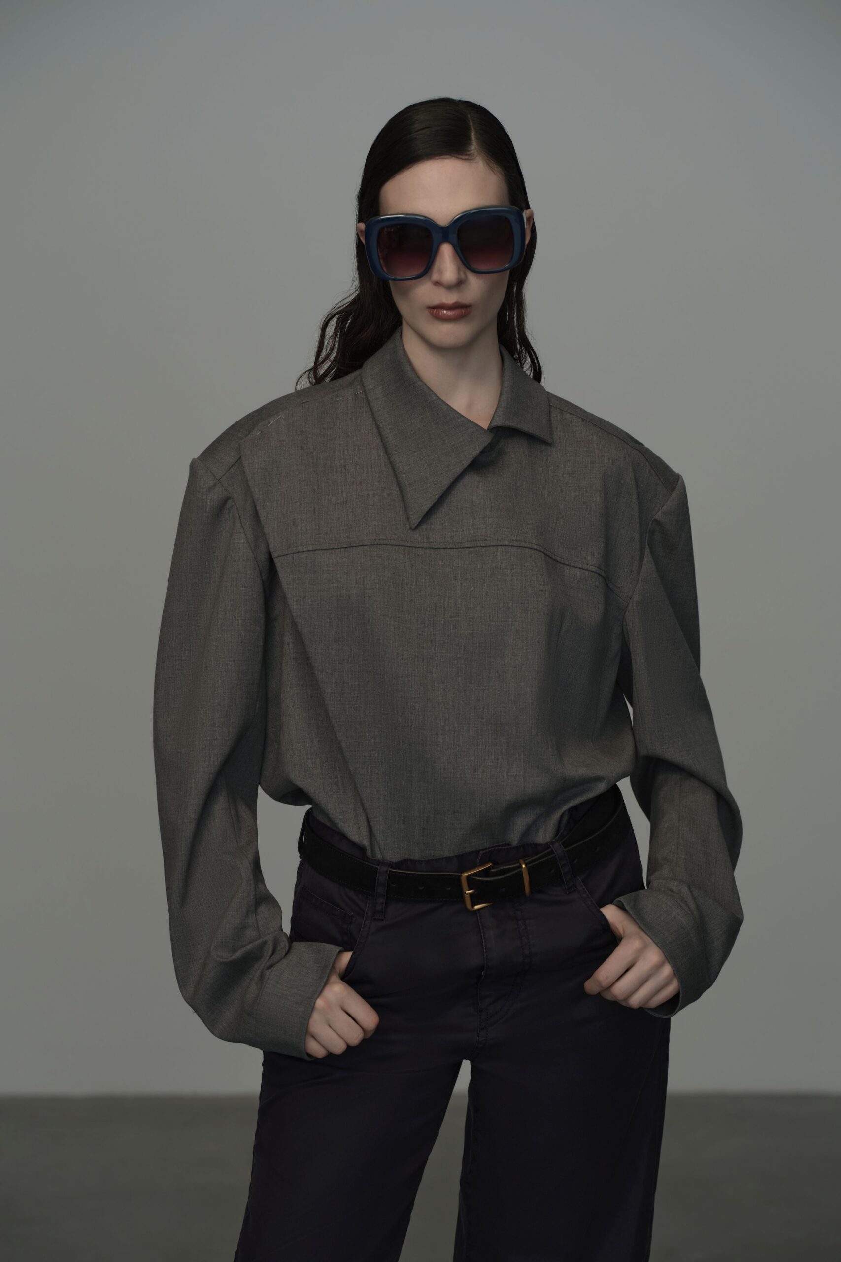 gray cotton long-sleeve collared oversized shirt