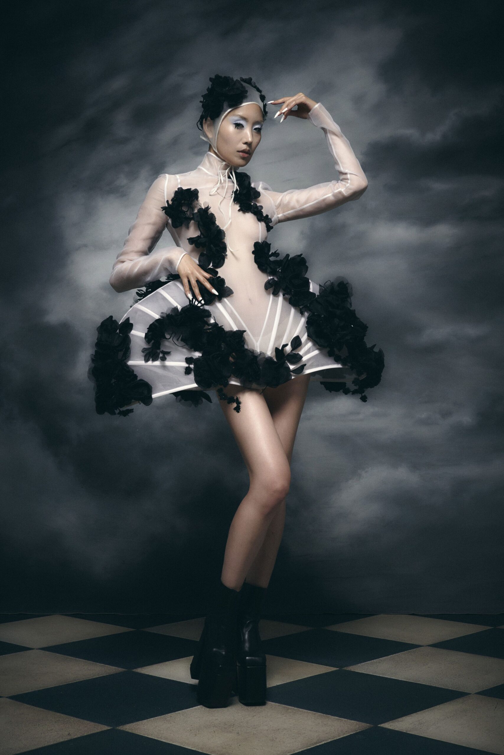 white silk long-sleeve high-neck fitted ruffled layered dress