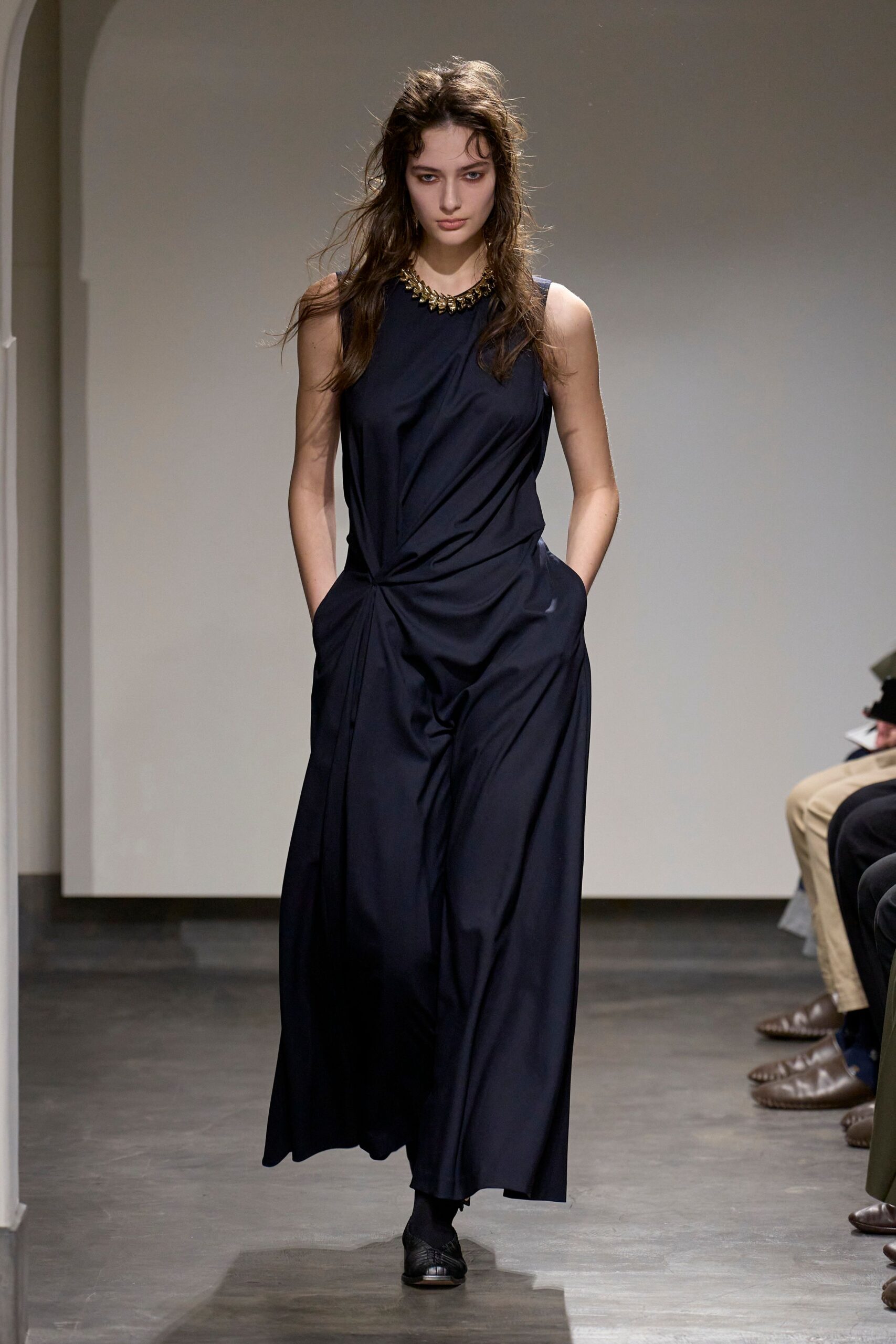 black silk sleeveless high-neck fitted draped pockets dress