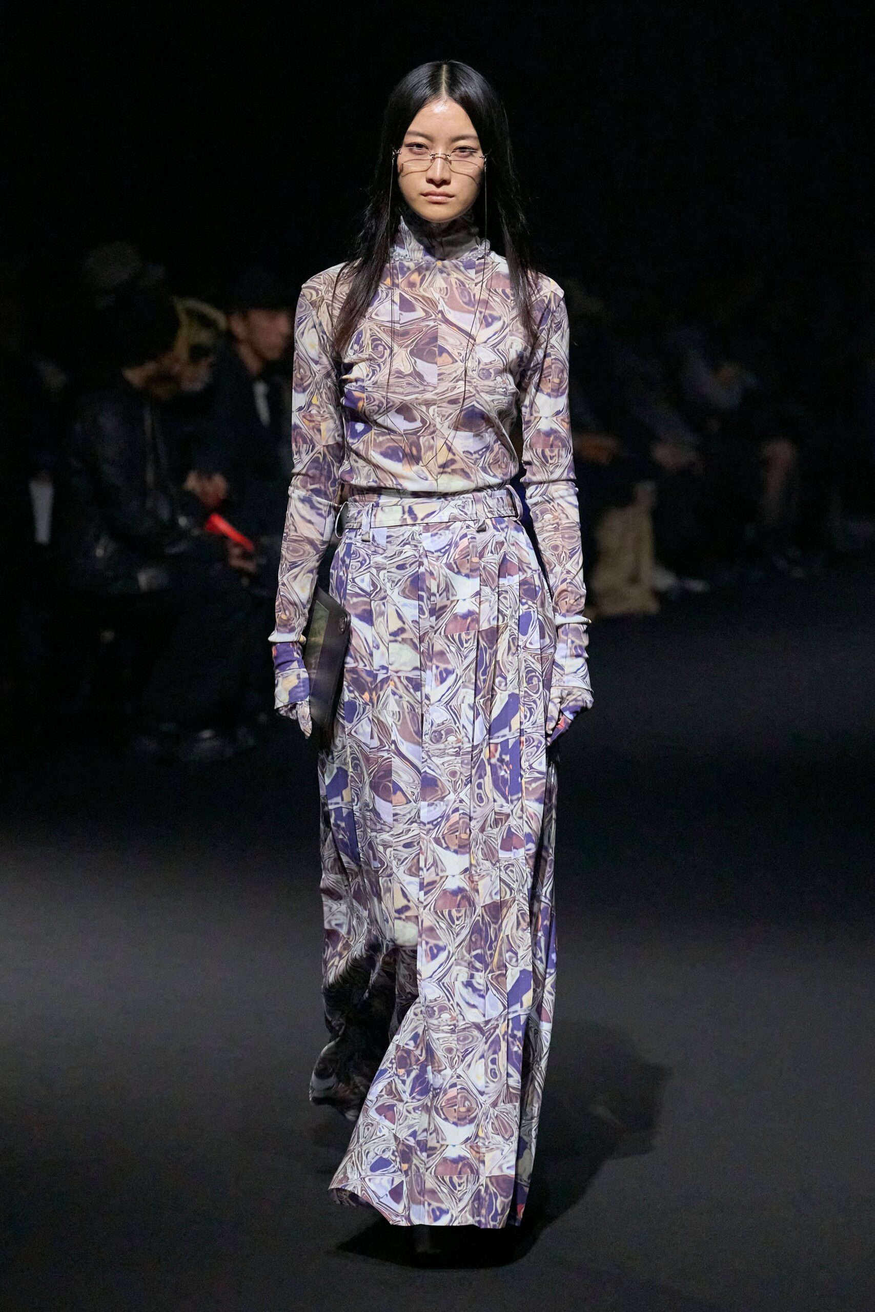 fitted printed maxi dress with gloves