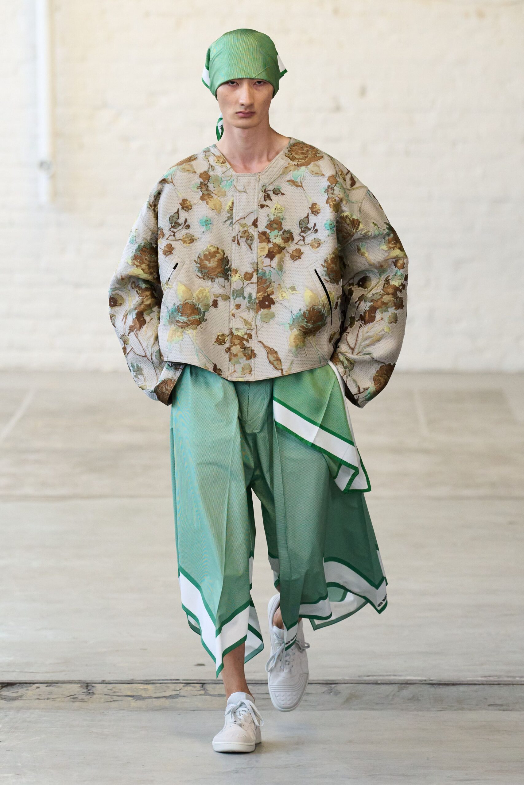 floral beige top with green pants