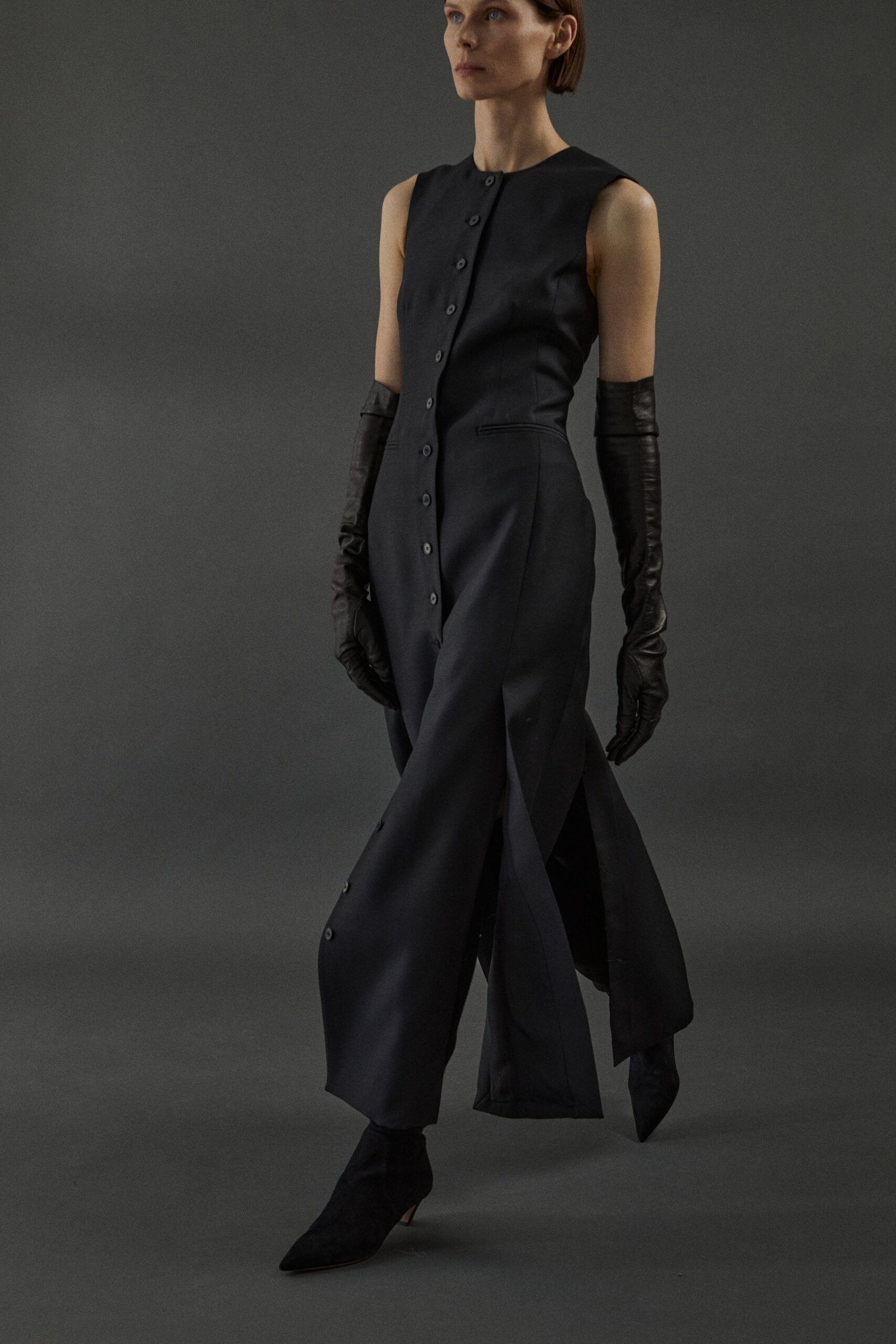 black cotton sleeveless high-neck fitted buttoned midi dress