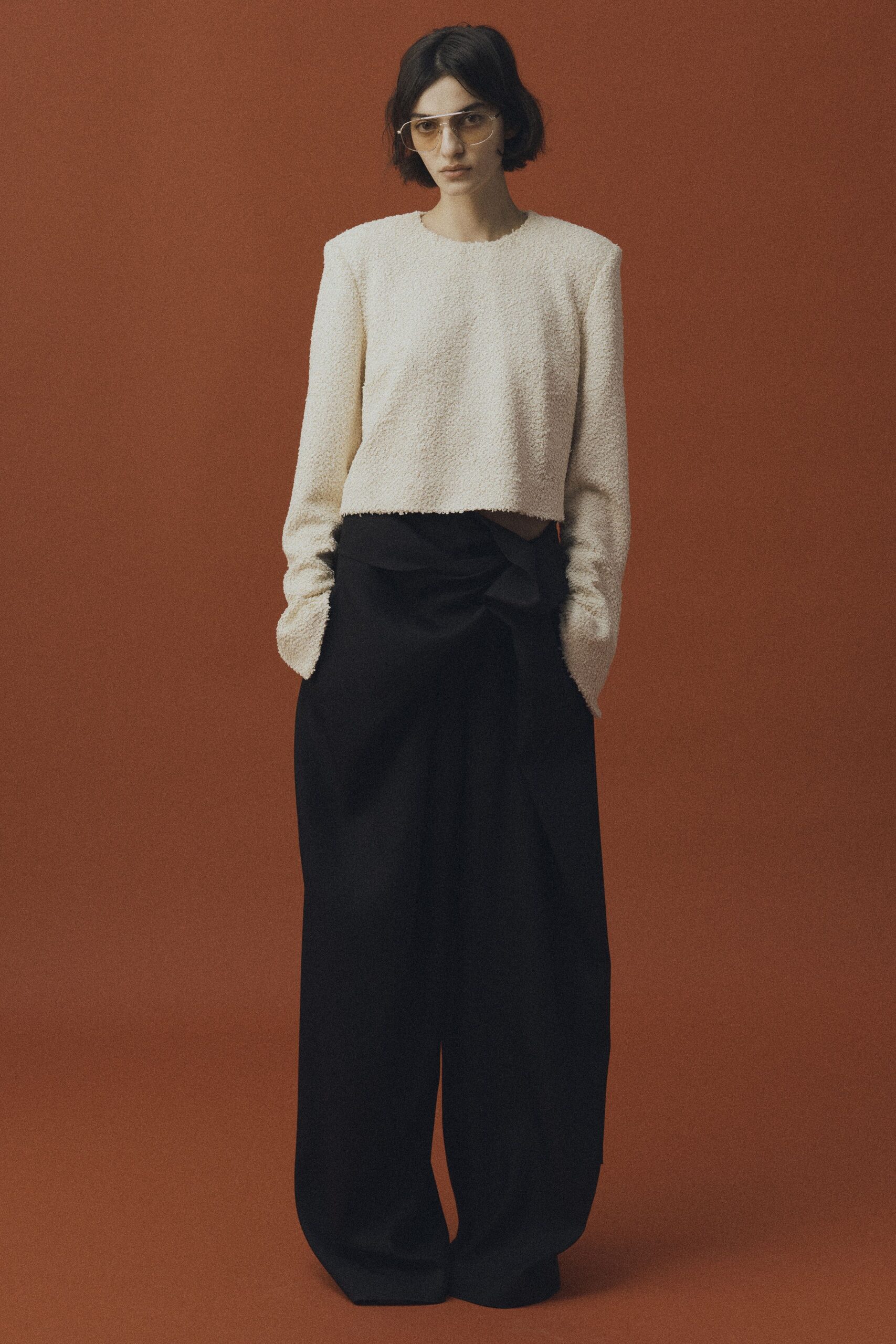 white cotton long-sleeve collared relaxed textured cropped top
