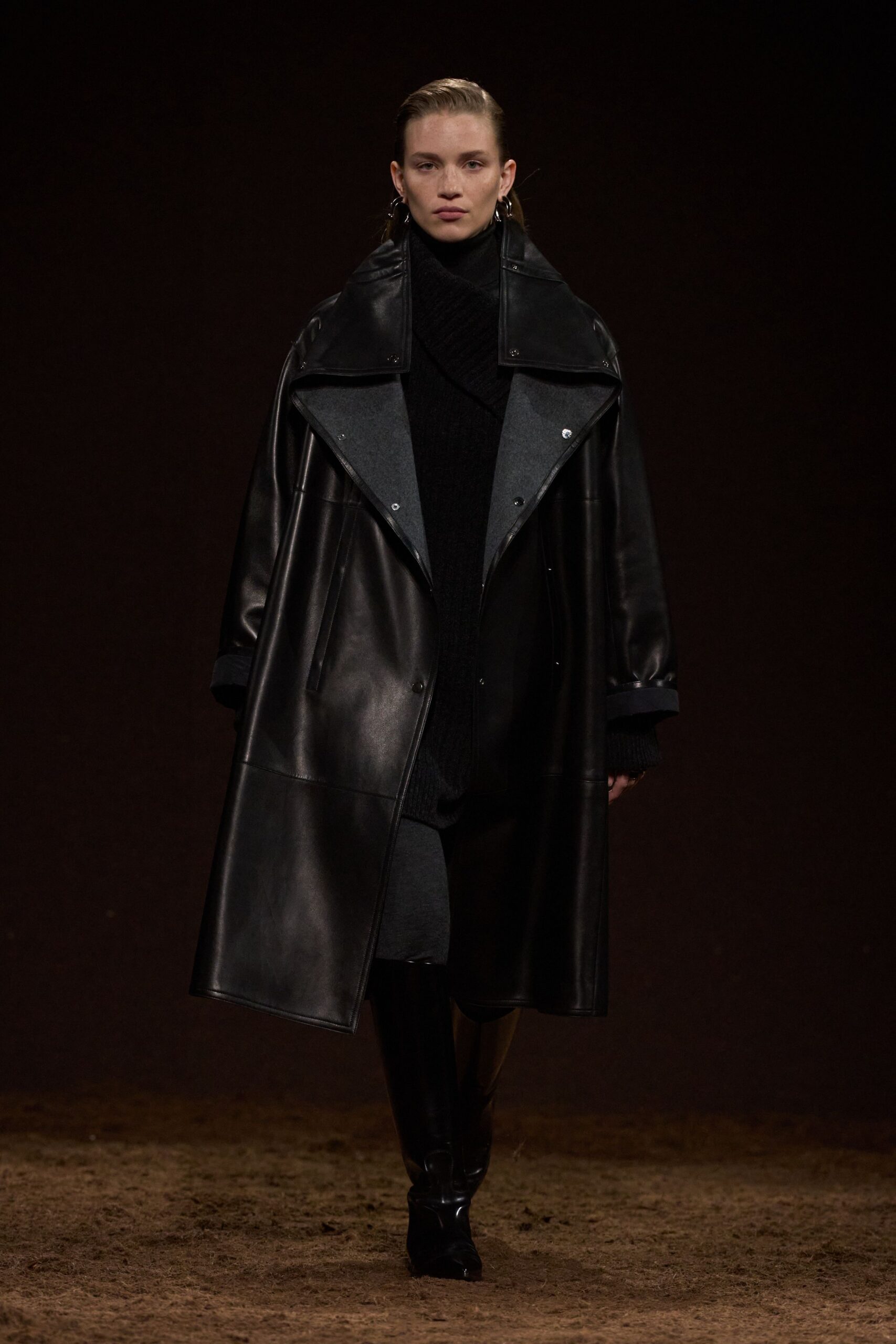 black leather long-sleeve collared oversized buttoned coat
