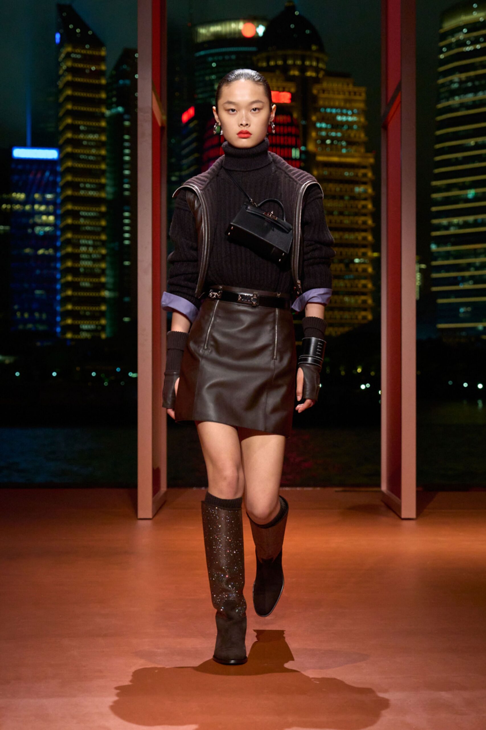 black fitted top and skirt