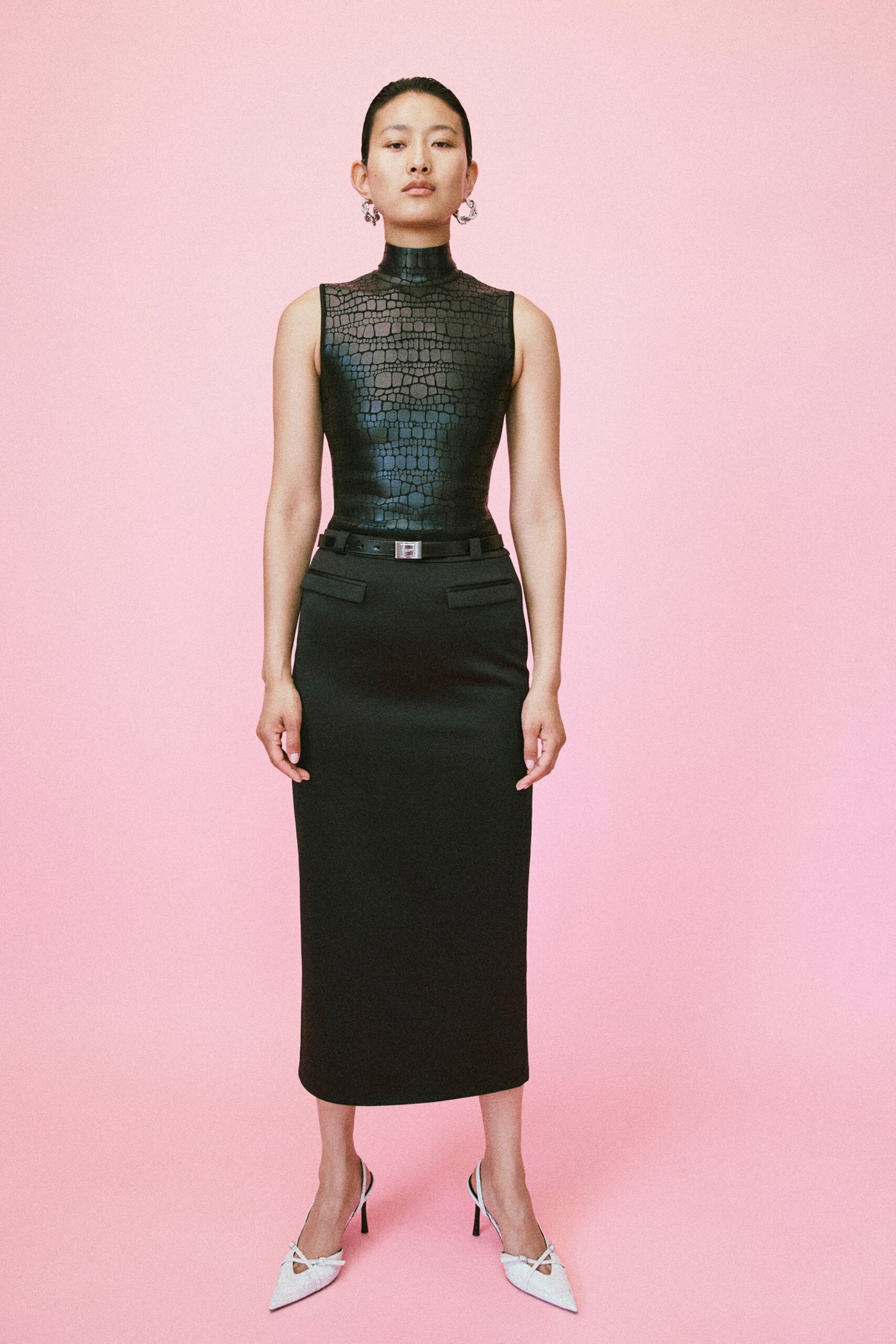 black leather high-neck sleeveless fitted textured top