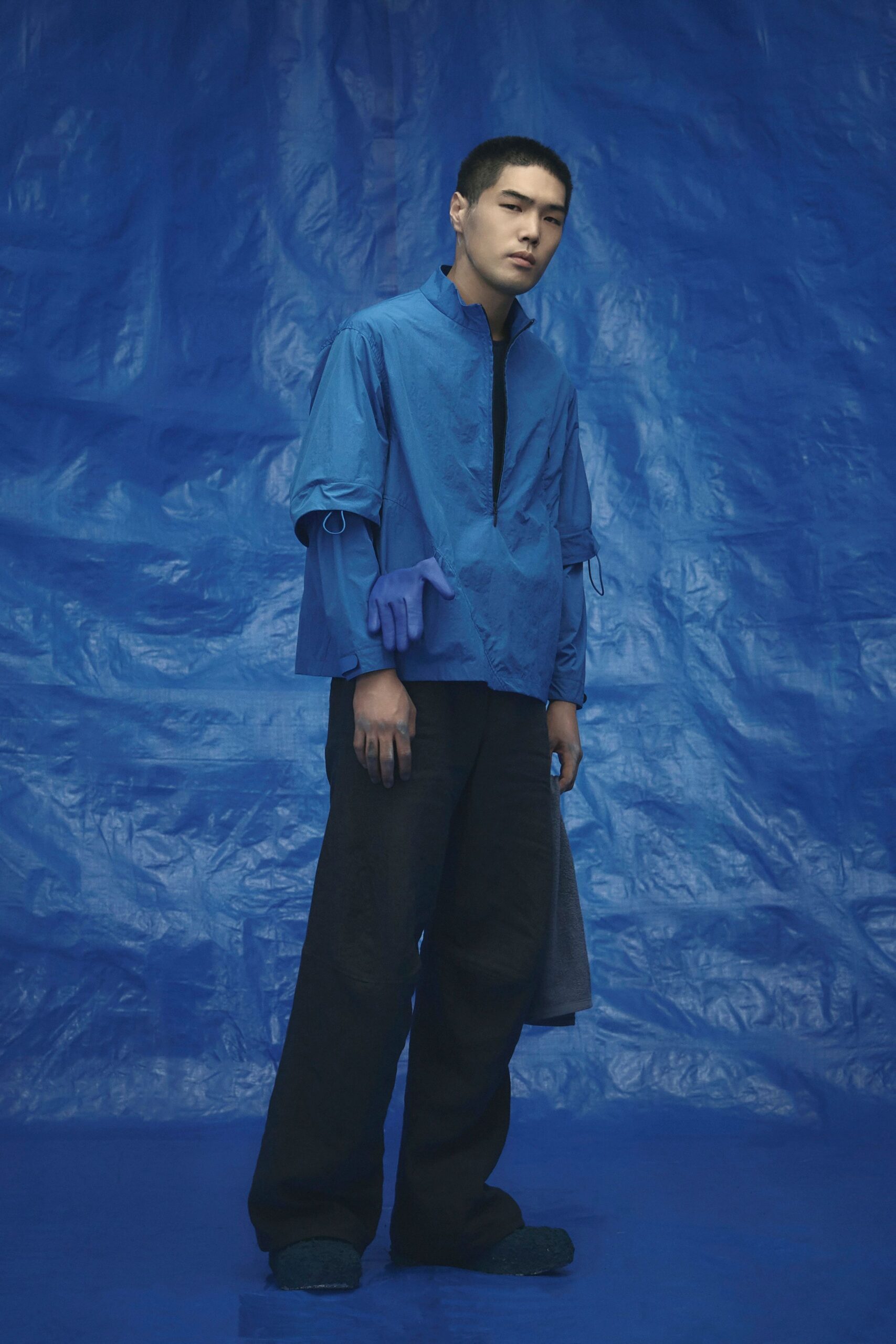 blue relaxed shirt with black pants