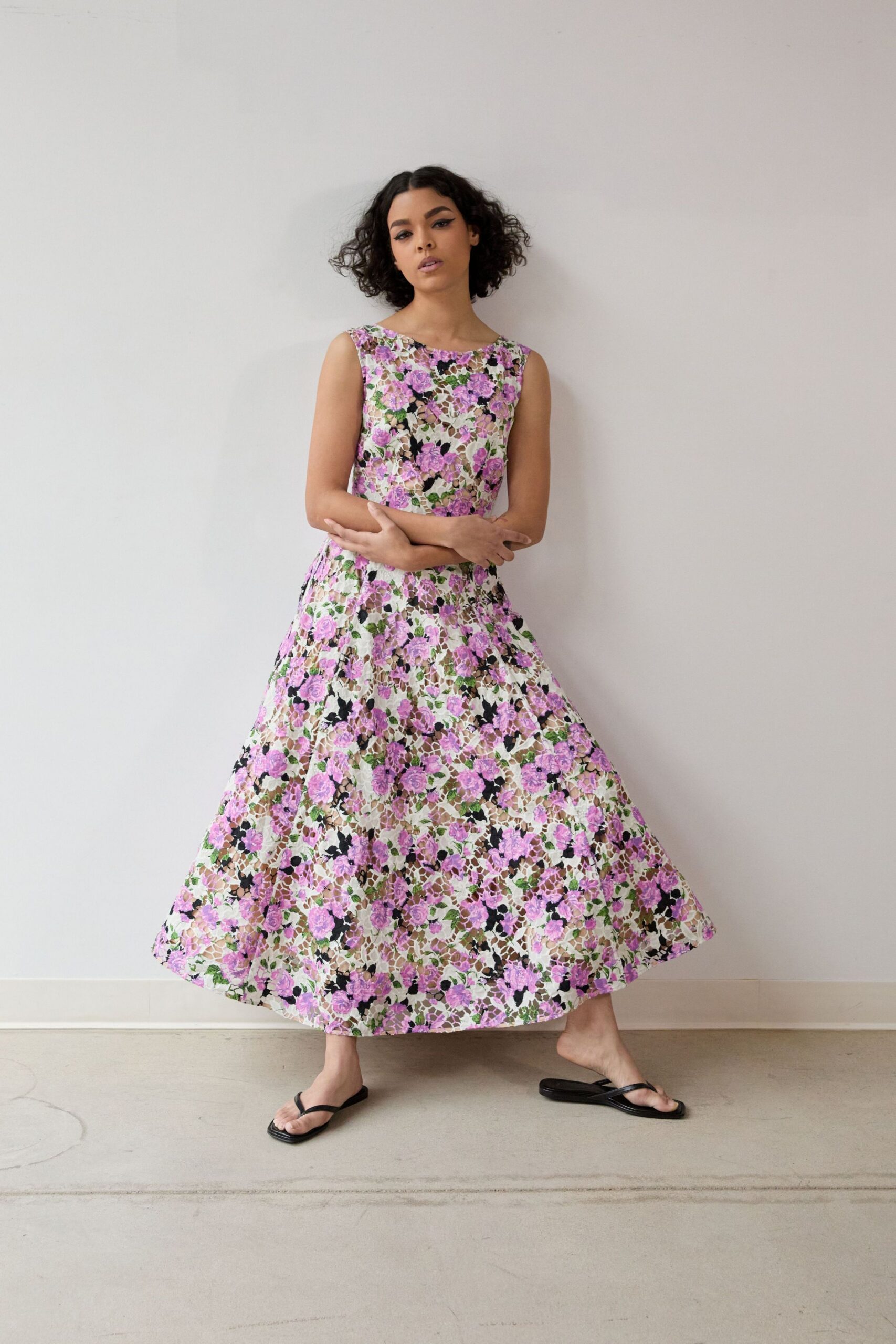 purple cotton sleeveless collared fitted floral flared dress