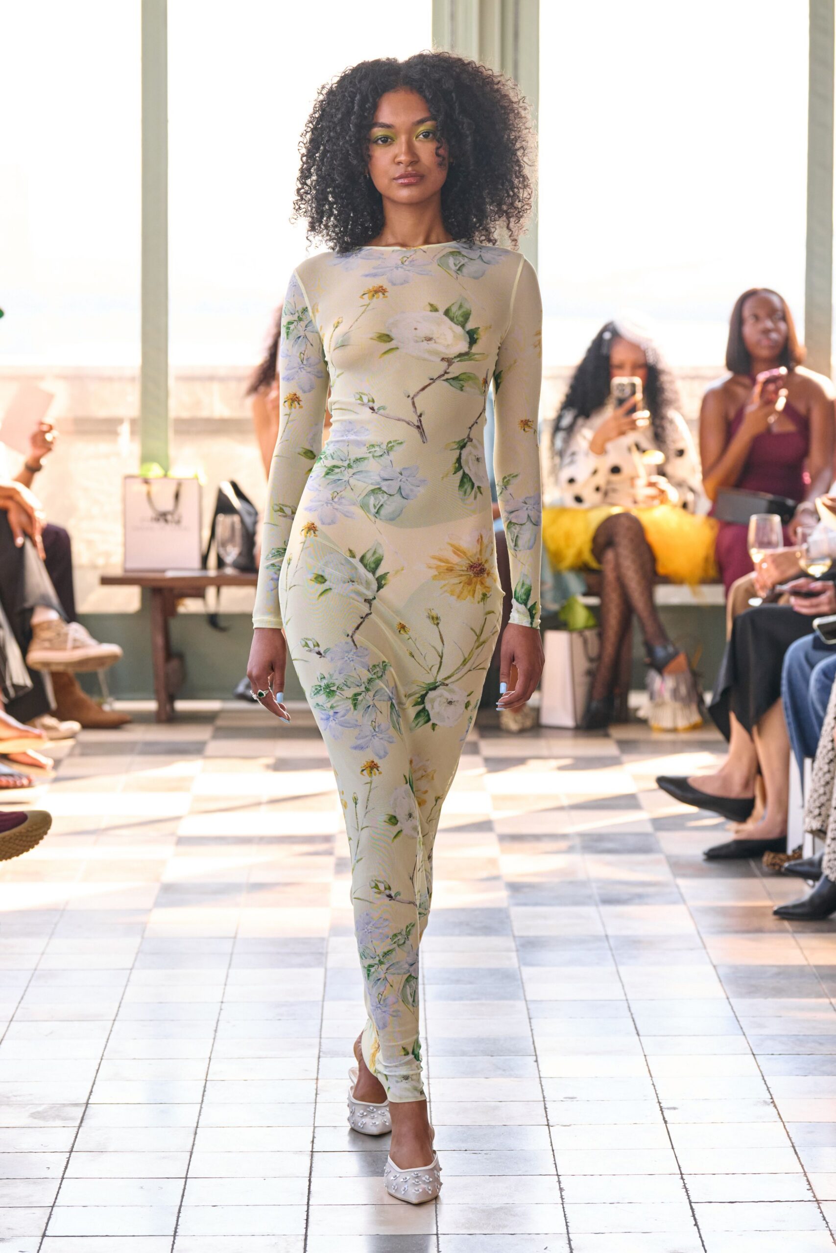 beige jersey long-sleeve high-neck fitted floral catsuit