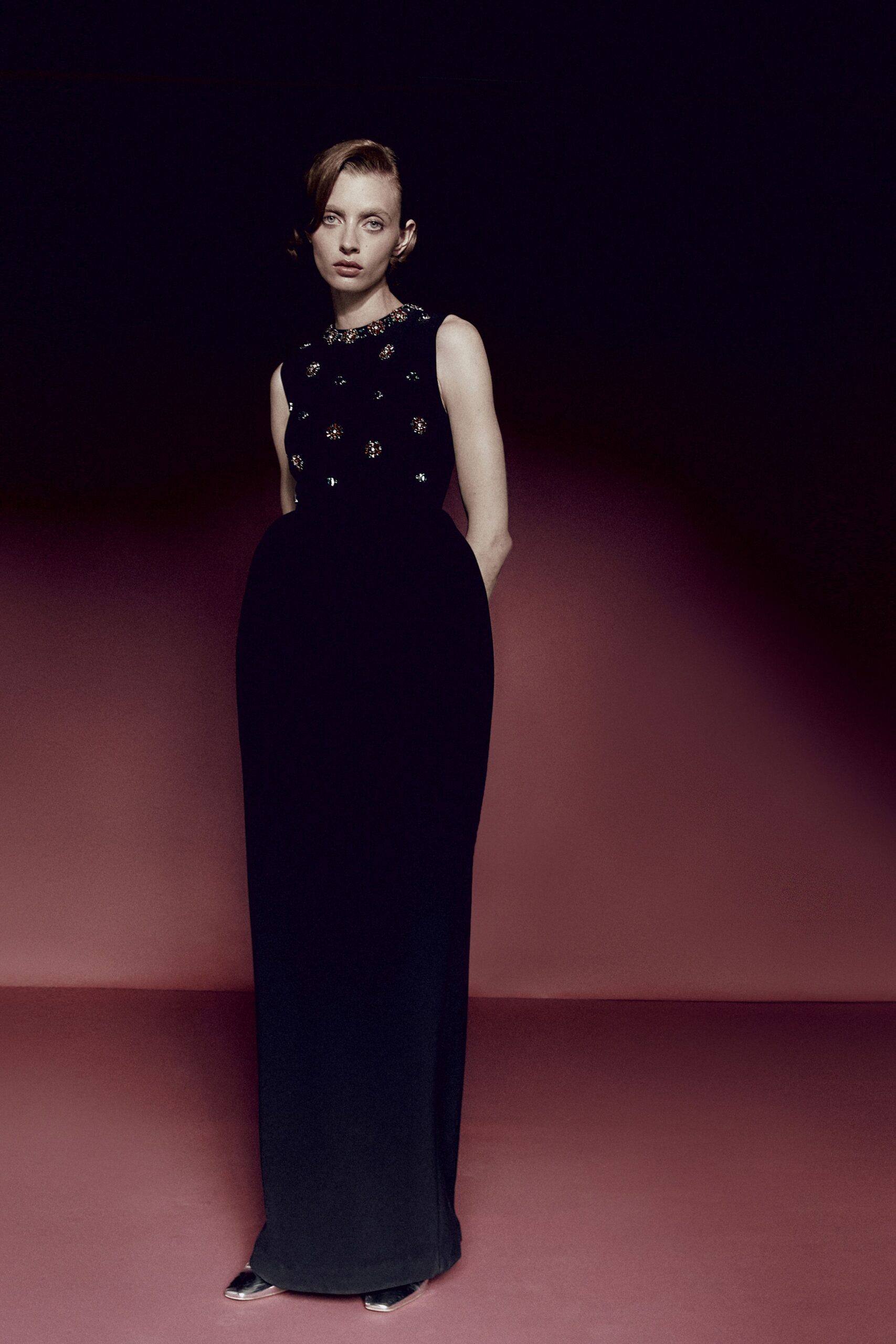 black silk sleeveless high-neck fitted embroidered maxi gown