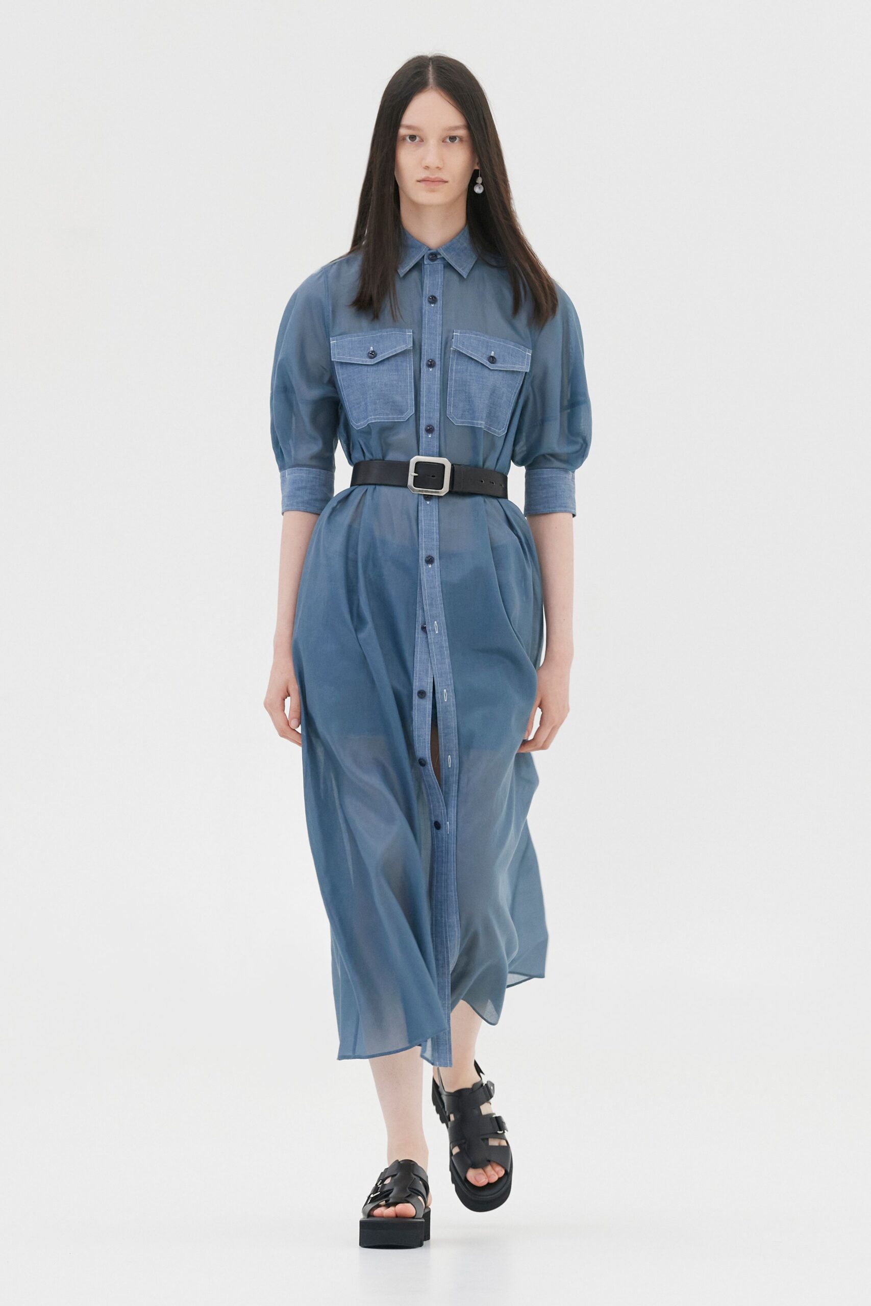 blue cotton long-sleeve collared relaxed buttoned pockets shirt-dress