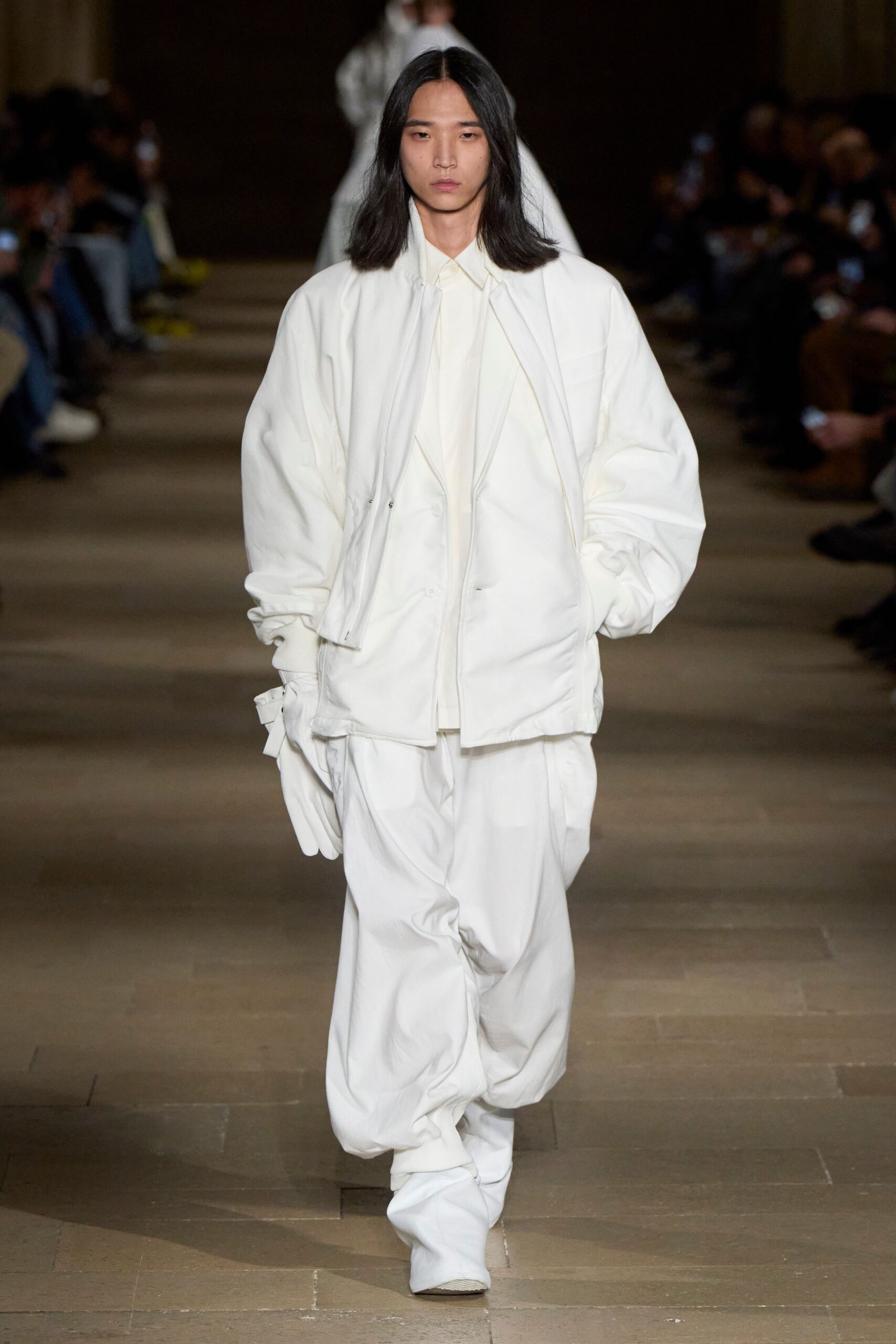 white oversized jacket with relaxed shirt and pants
