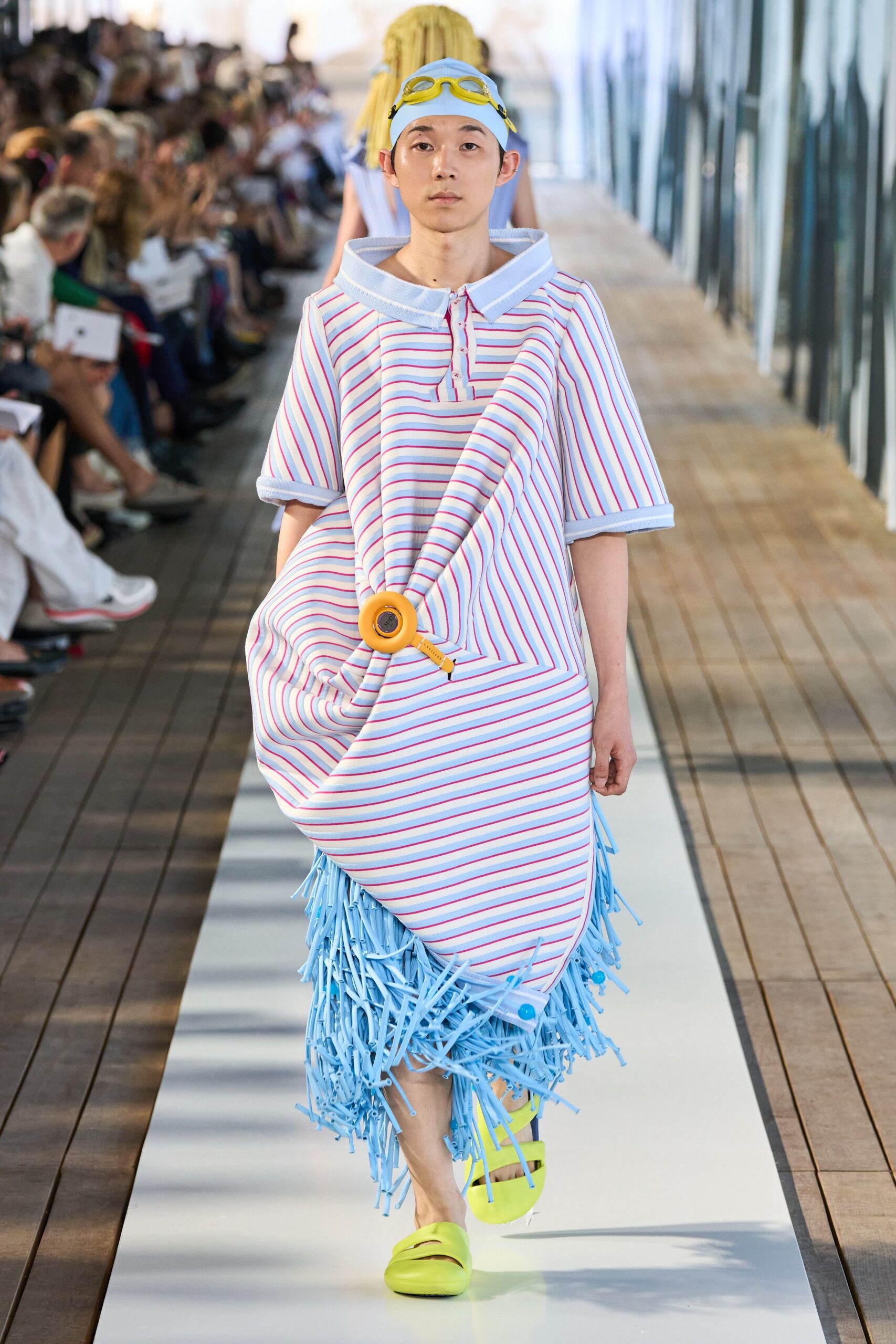 white cotton short-sleeve collared relaxed striped layered dress