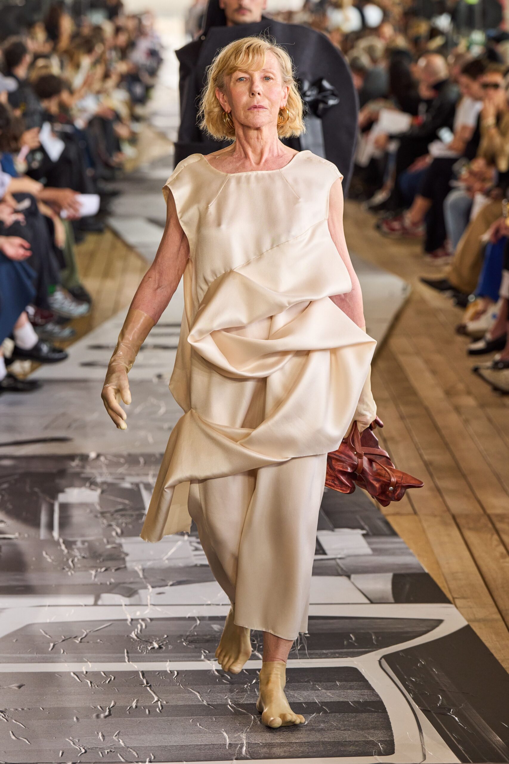 beige silk sleeveless relaxed draped midi dress