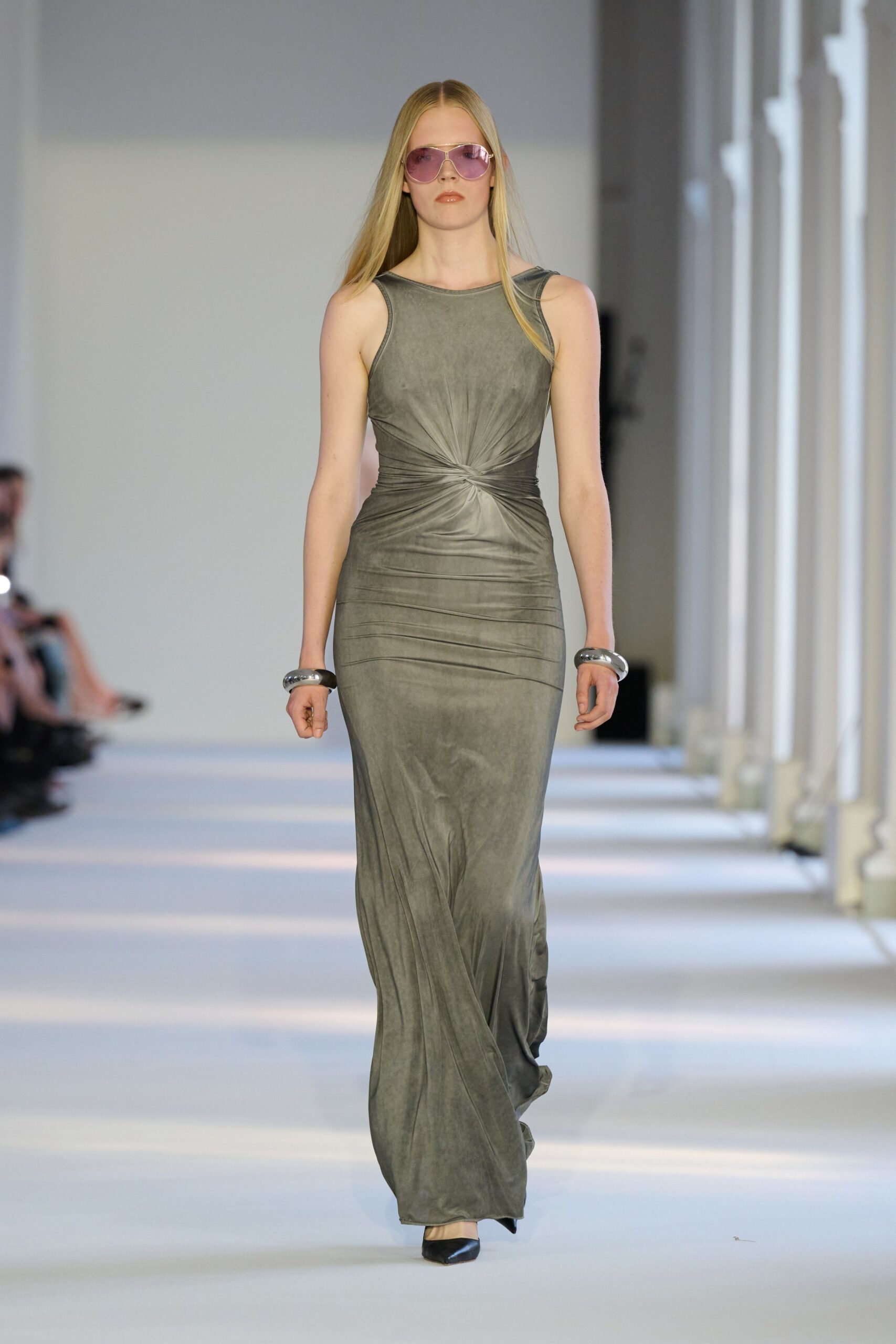 gray silk sleeveless v-neck fitted ruched flowing gown