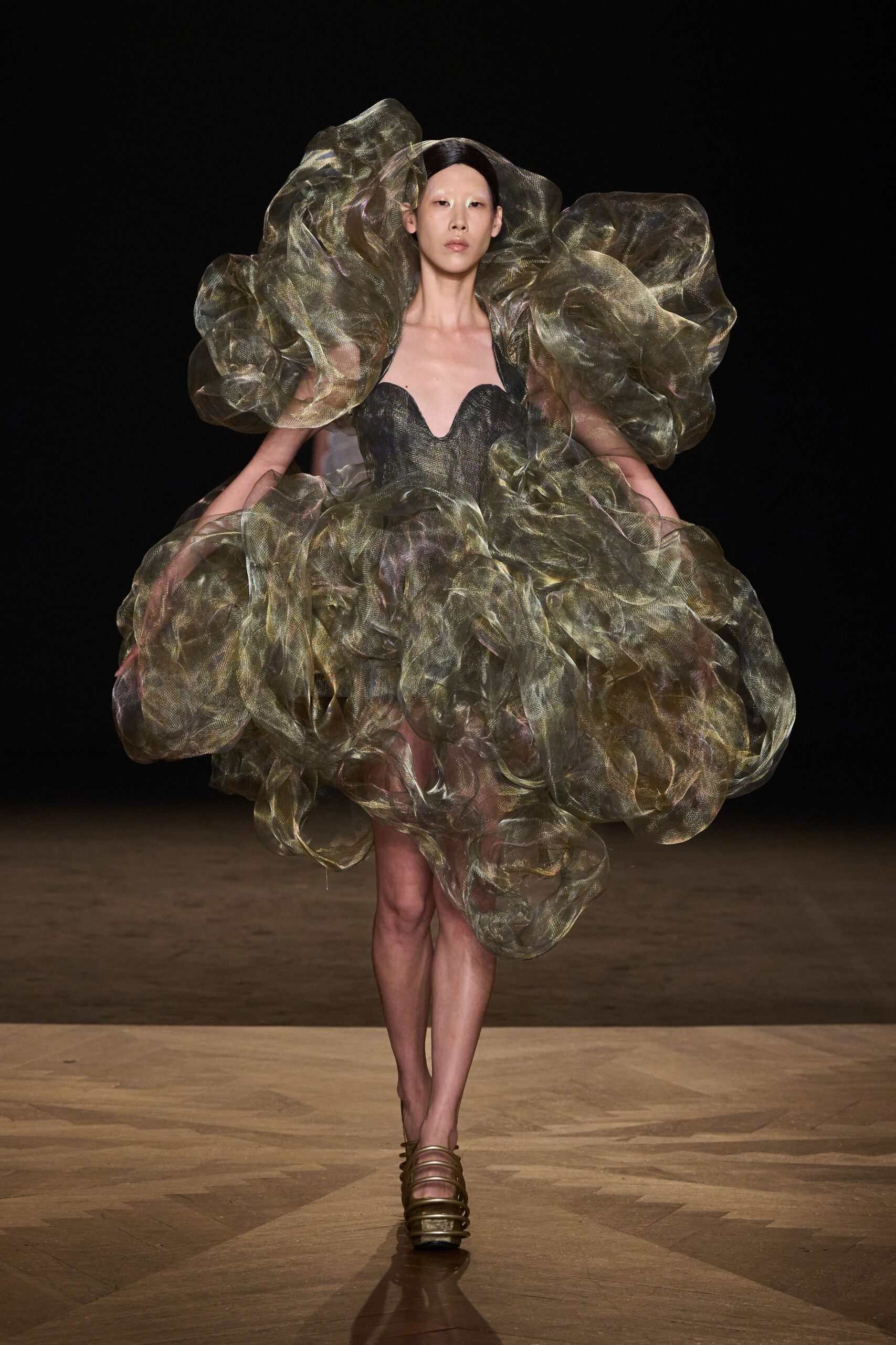 multi tulle sleeveless v-neck fitted draped flowing dress