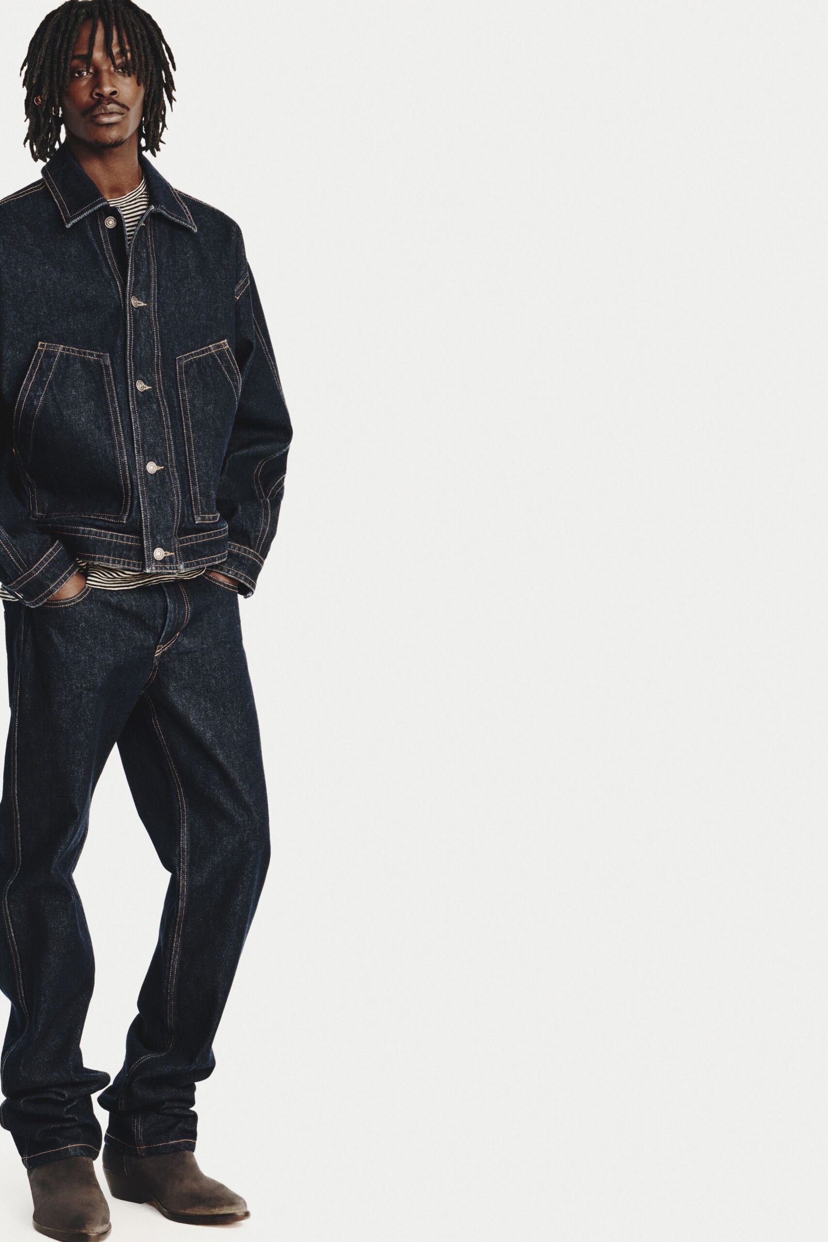blue denim jacket and pants