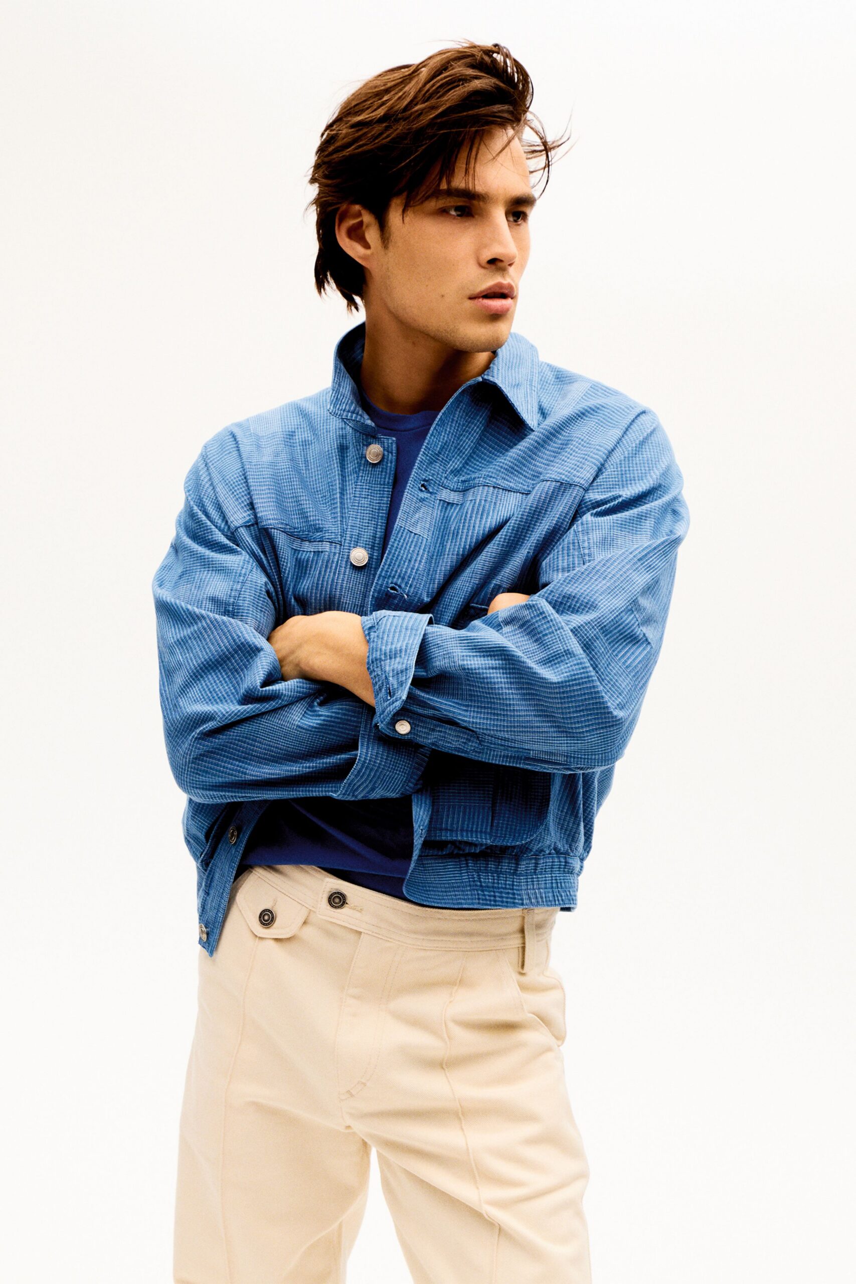beige cotton slim straight-leg pants