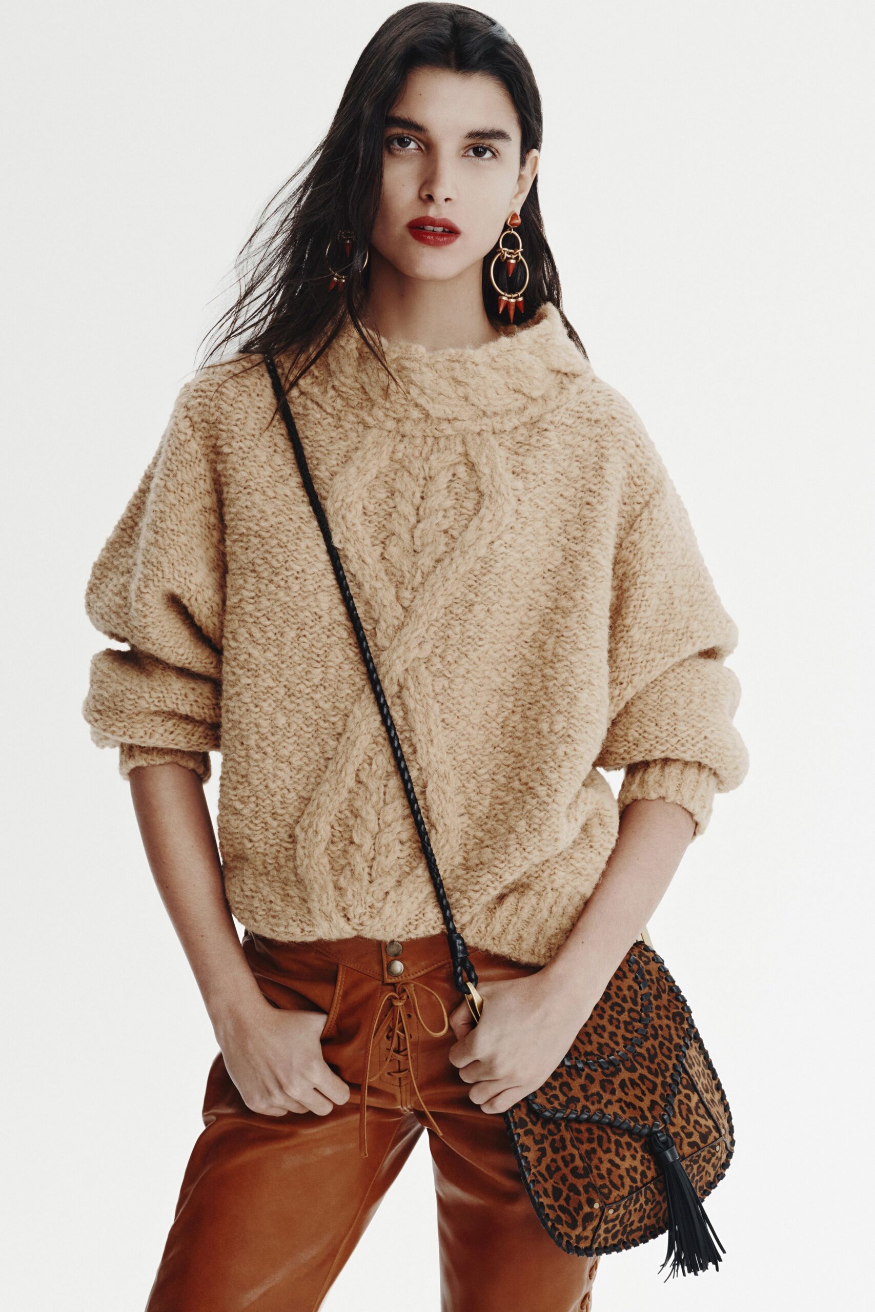 beige wool long-sleeve collared oversized textured sweater
