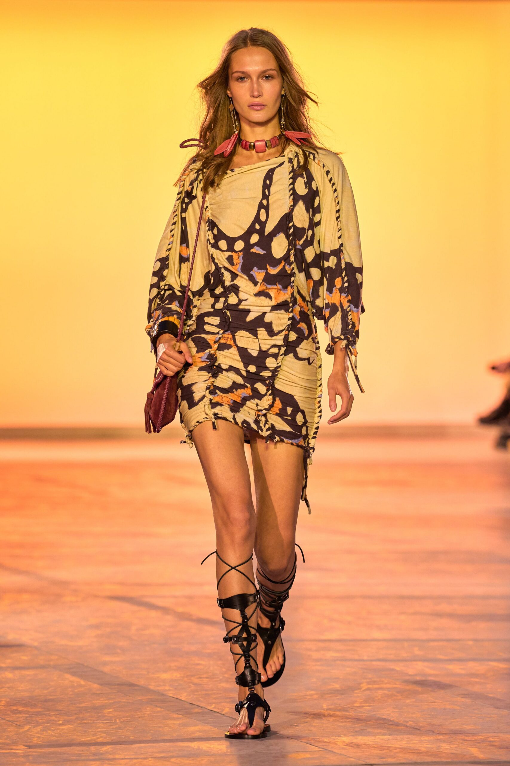 beige cotton long-sleeve v-neck fitted printed ruched dress