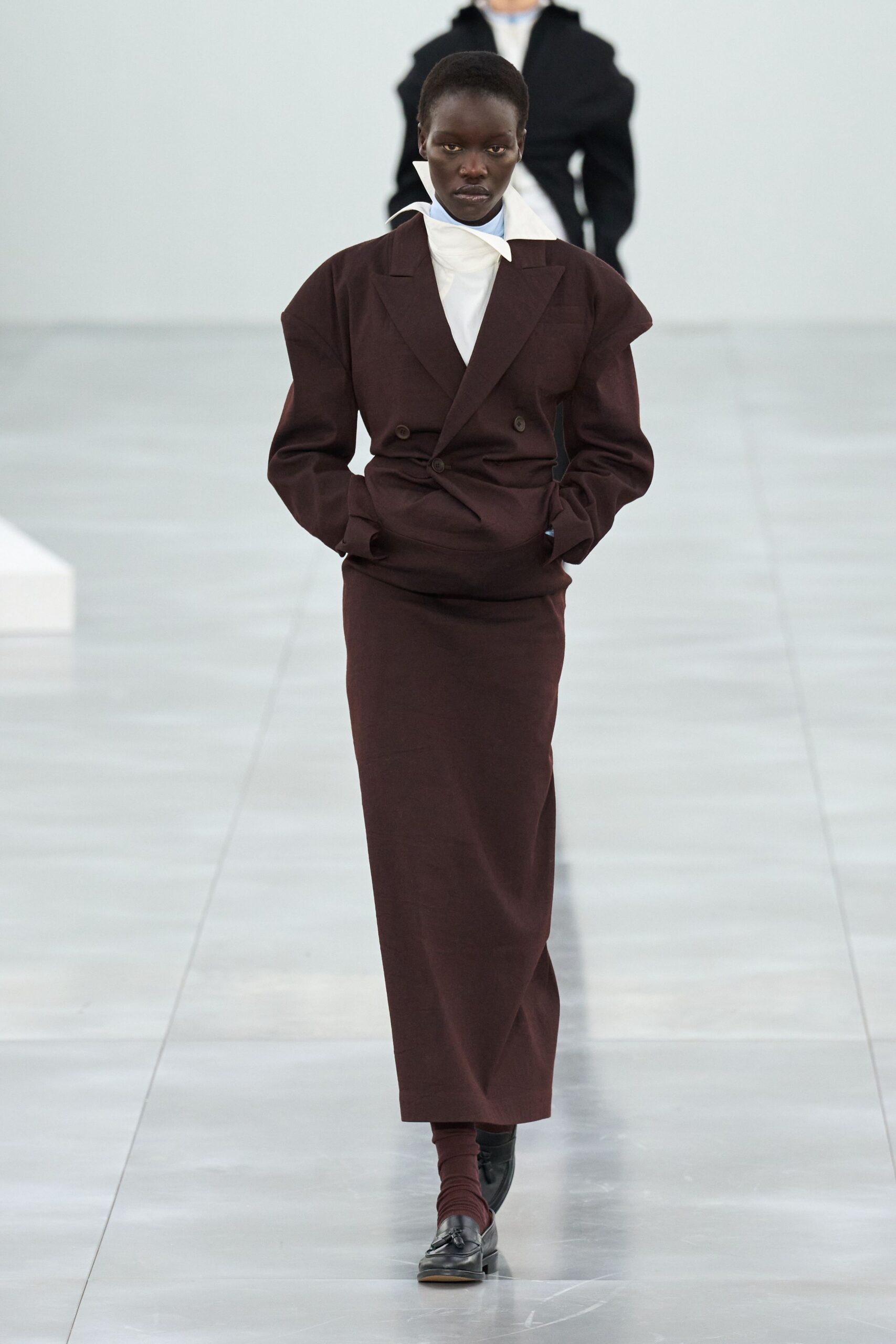 brown cotton long-sleeve collared fitted pencil midi suit