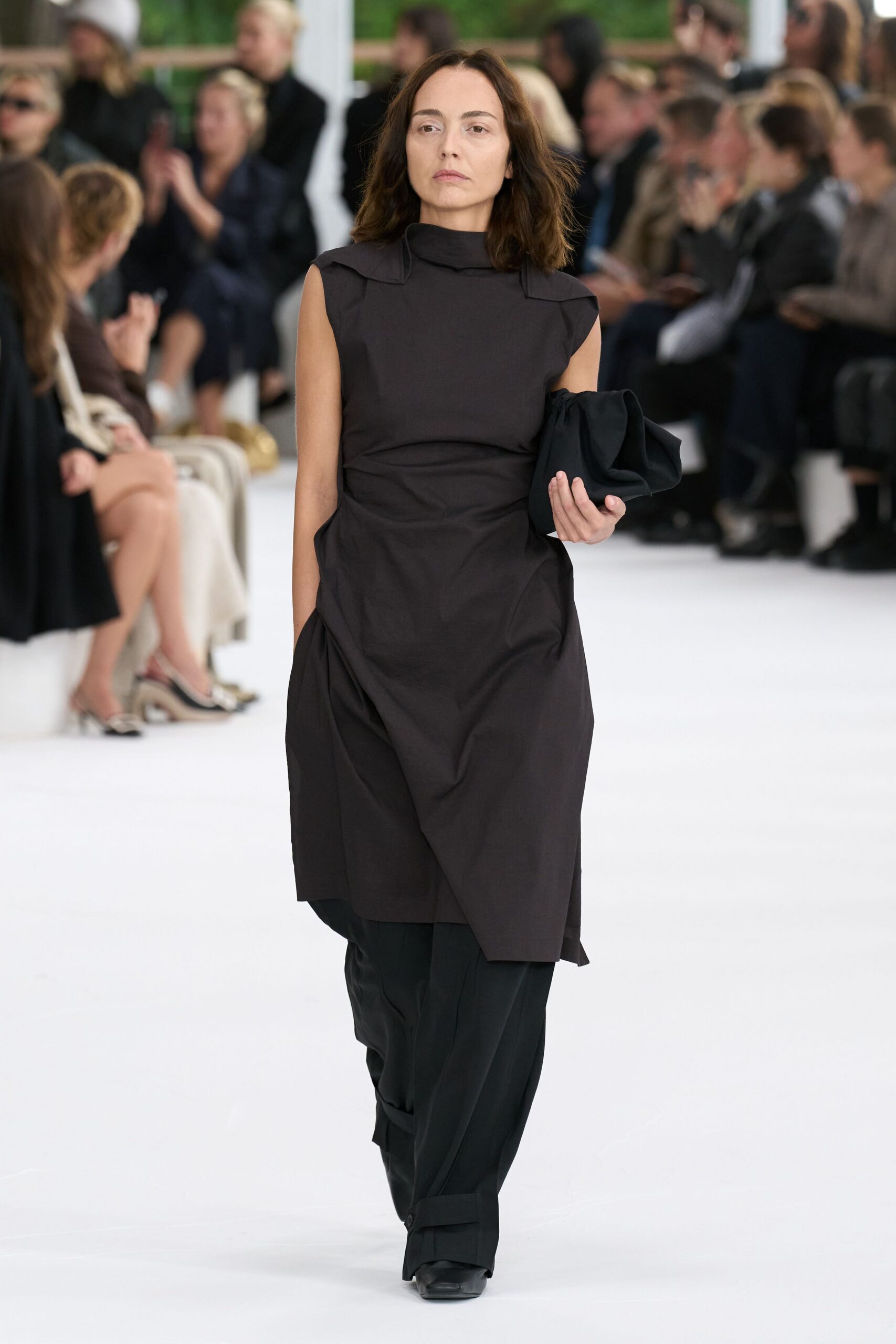 black fitted midi dress with relaxed pants