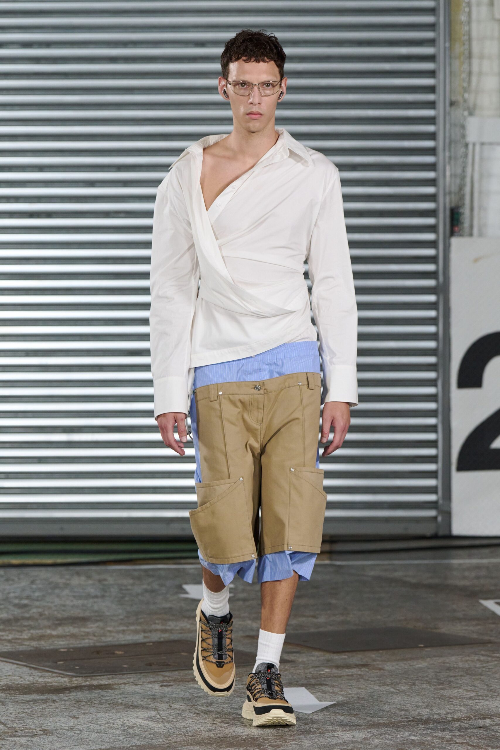 white fitted shirt beige cargo pants