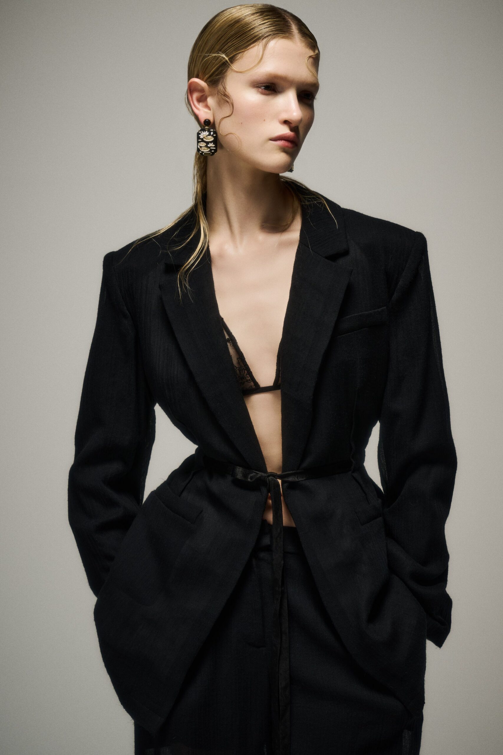 black tailored blazer with lace top