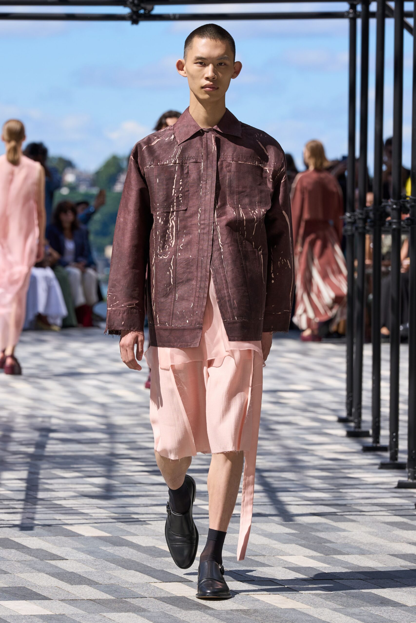 brown relaxed jacket with pink shorts