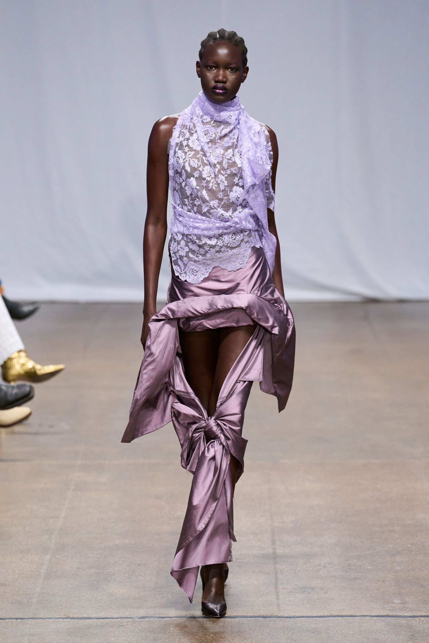 purple silk sleeveless high-neck fitted draped layered dress