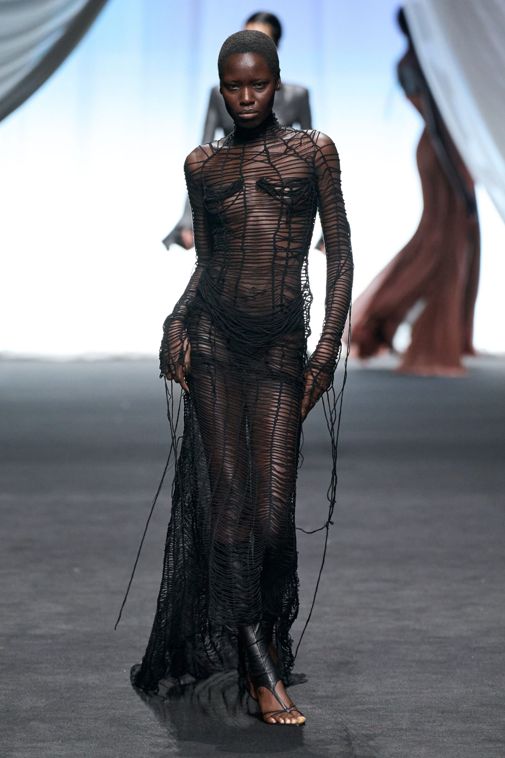 black mesh layered maxi dress