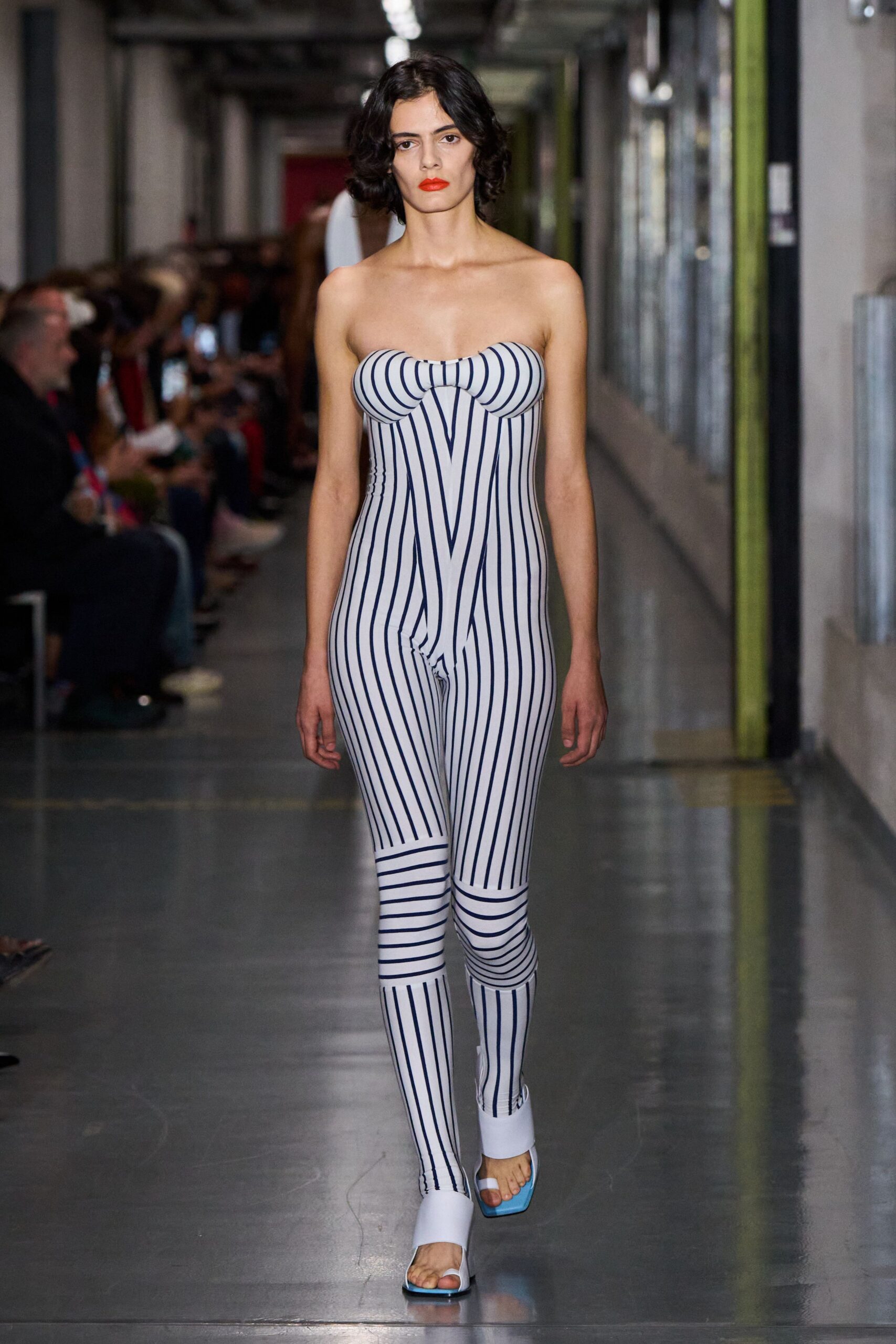 white cotton strapless fitted striped catsuit