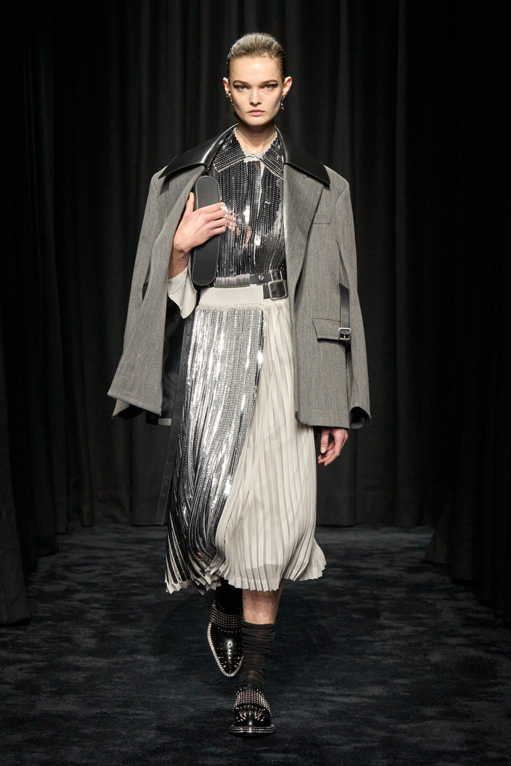 gray wool coat and pleated dress