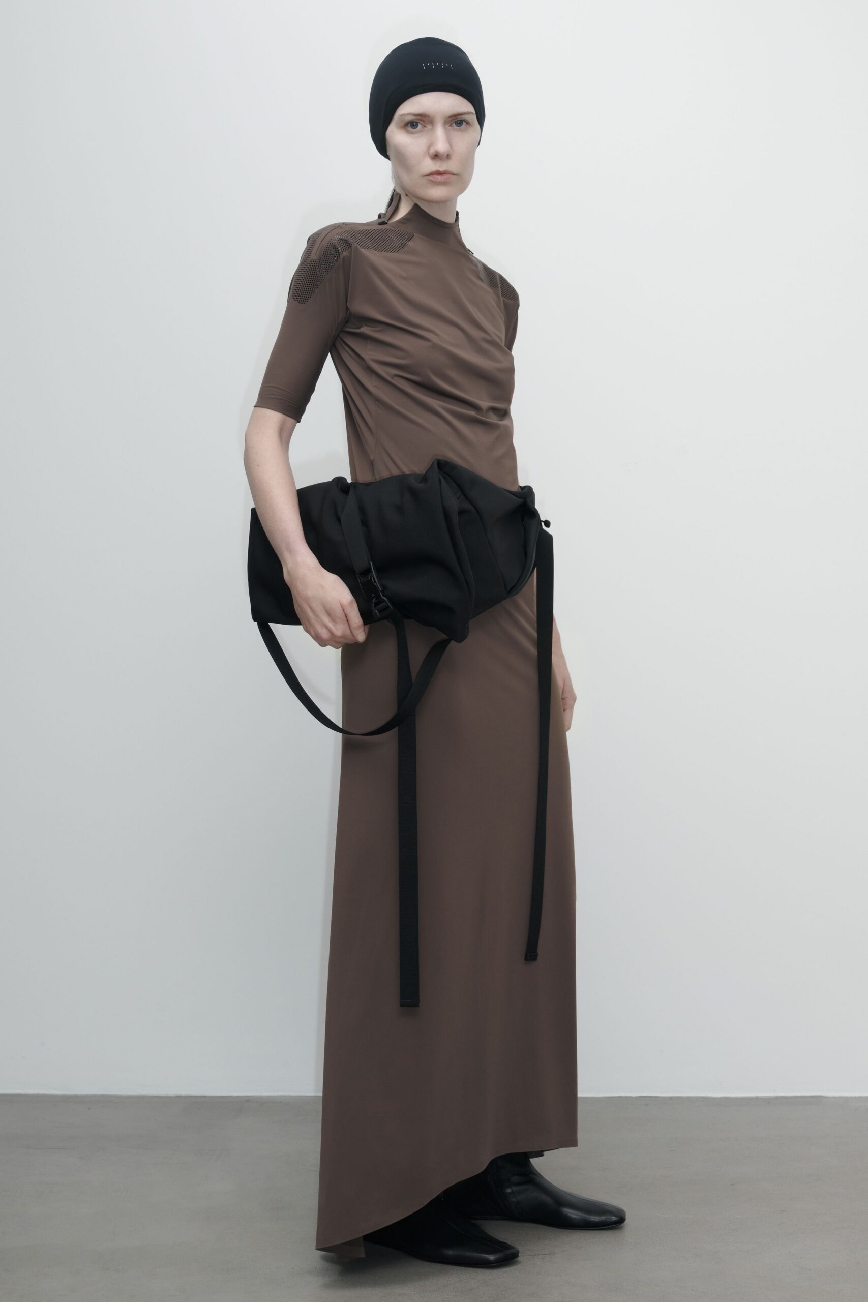 brown fitted gown with accessories