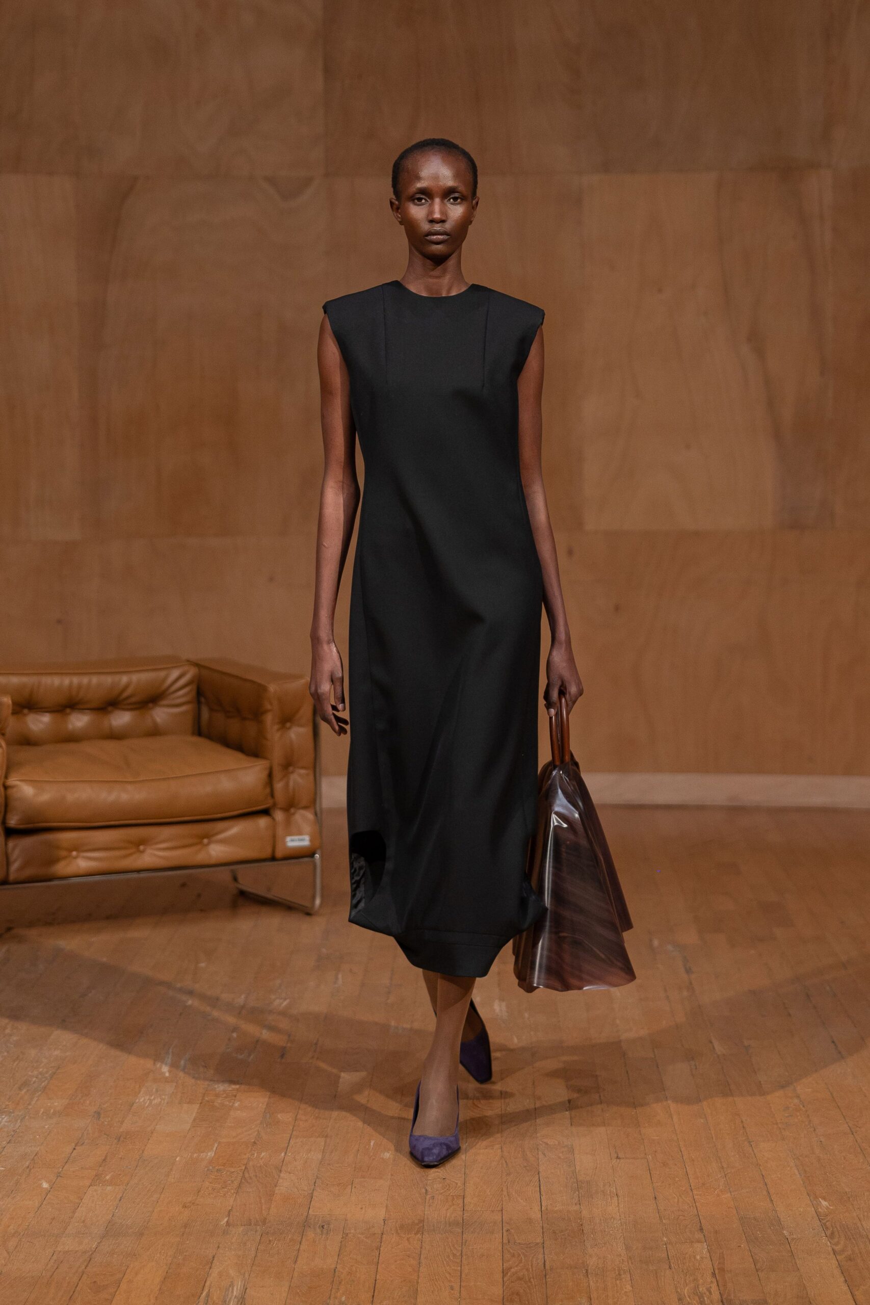black silk sleeveless high-neck fitted straight-leg midi dress