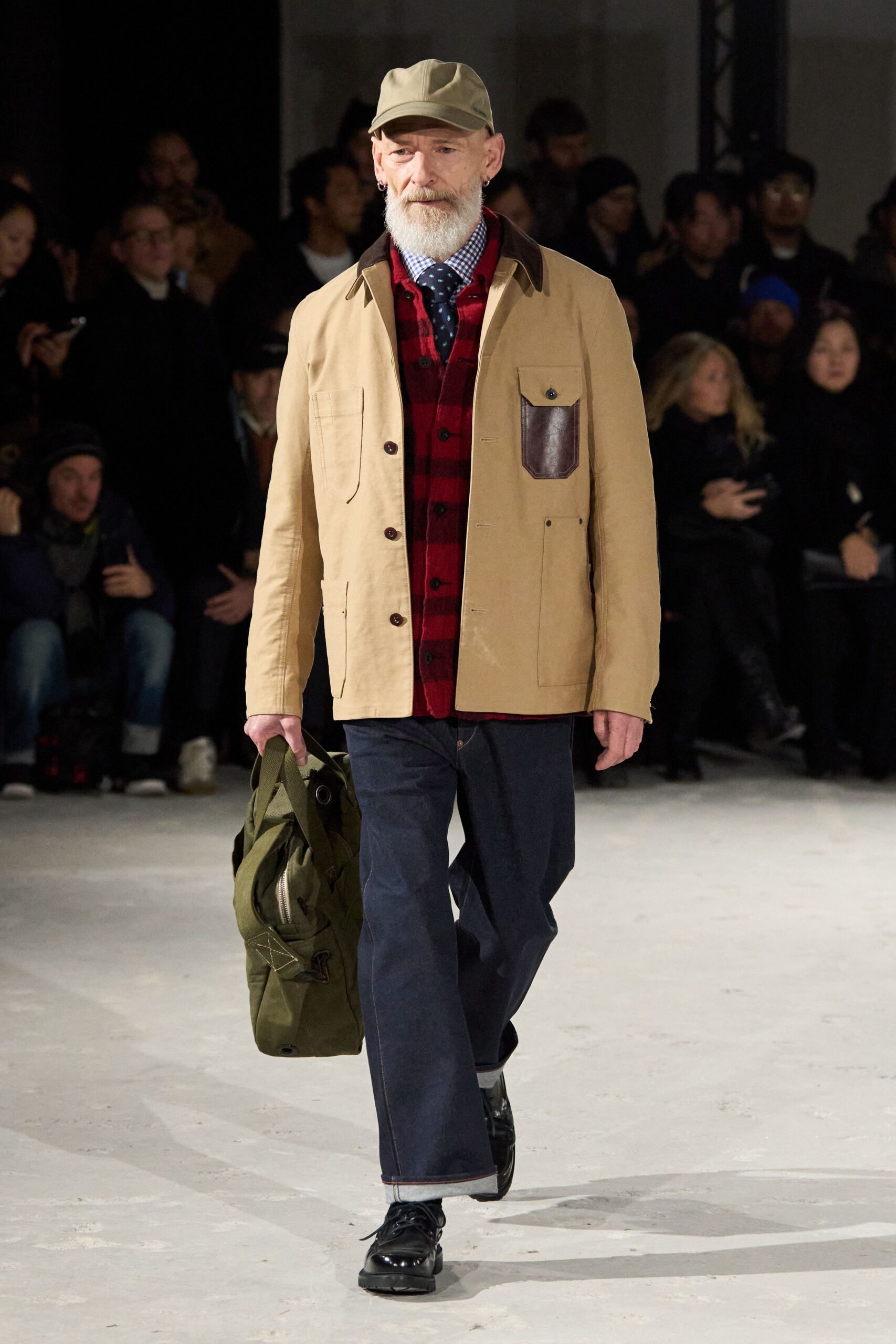 beige jacket with checked shirt