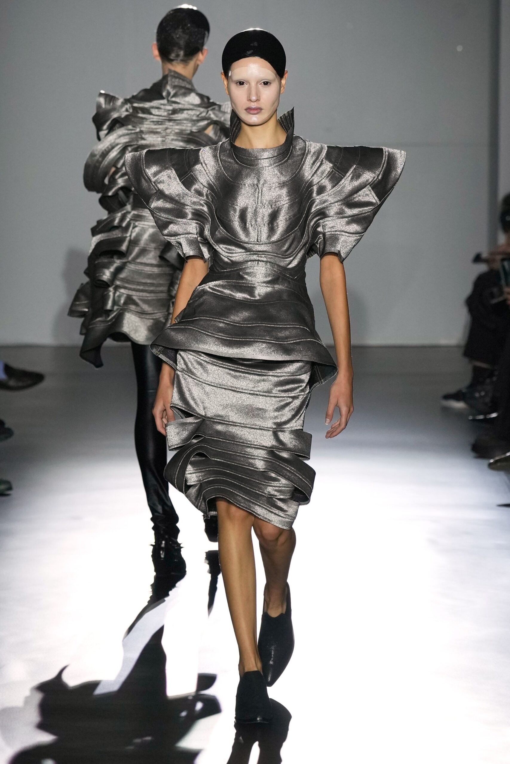 gray metallic sleeveless high-neck fitted ruffled draped dress
