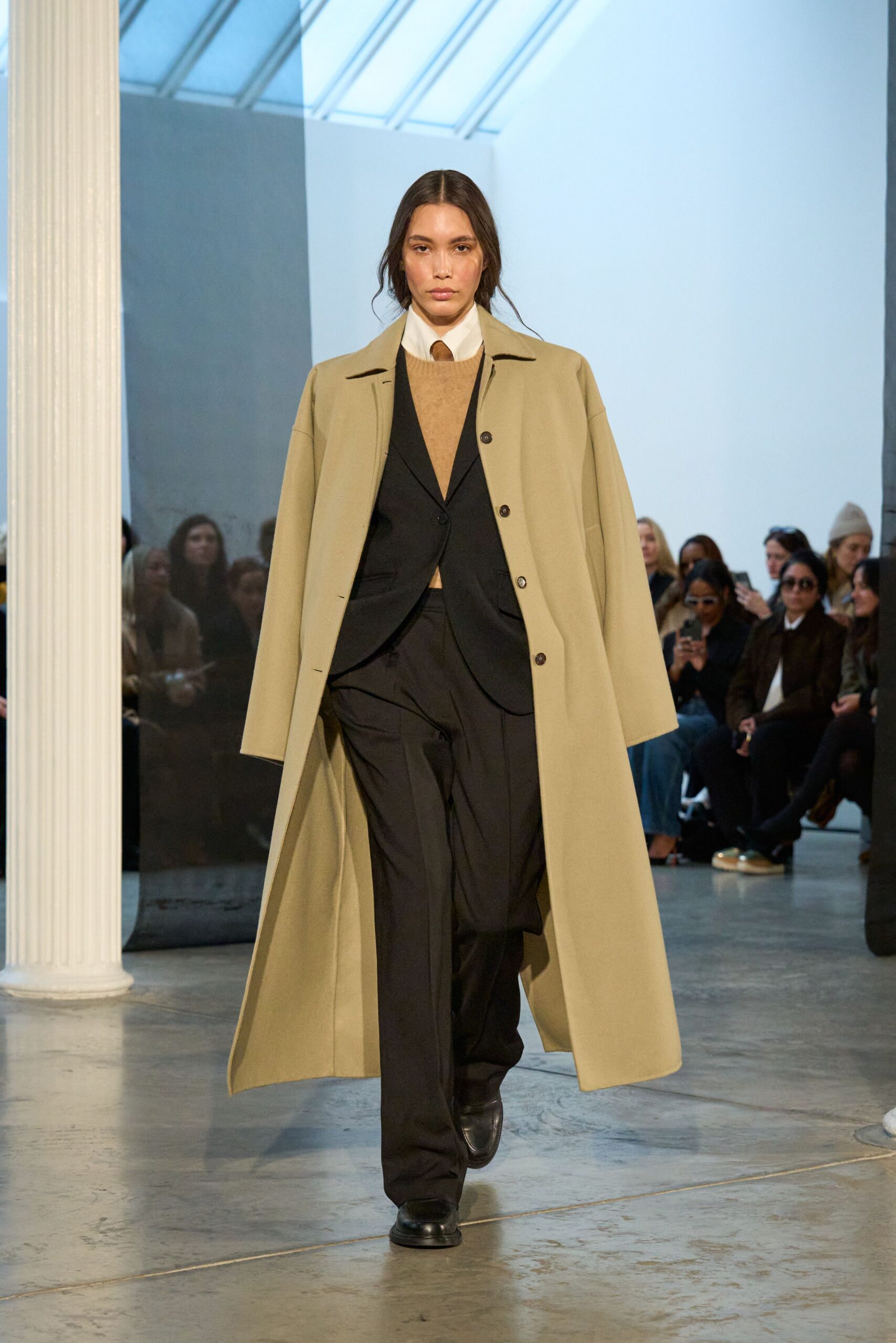 beige wool long-sleeve collared relaxed buttoned maxi coat