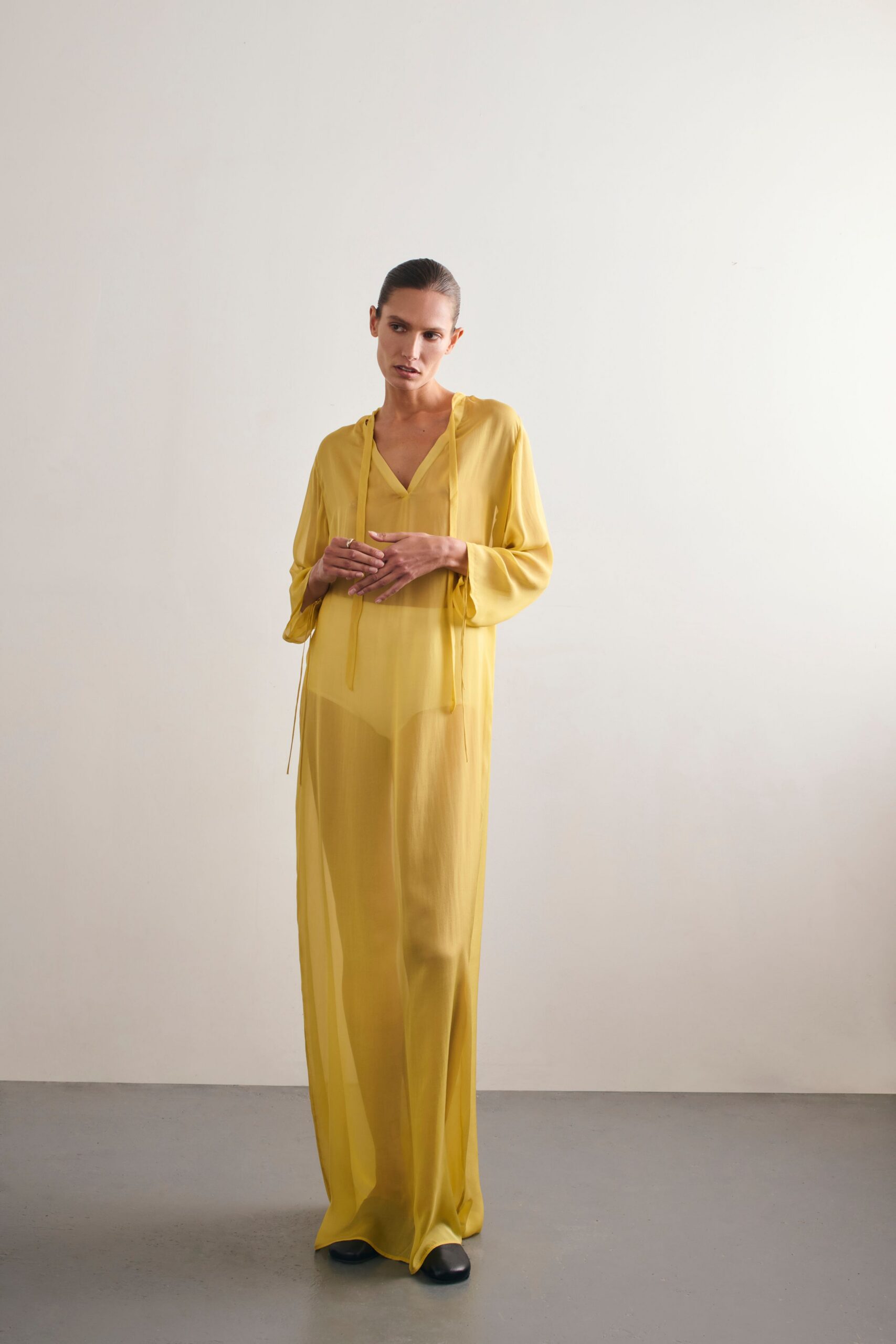 yellow chiffon long-sleeve v-neck relaxed layered sheer dress