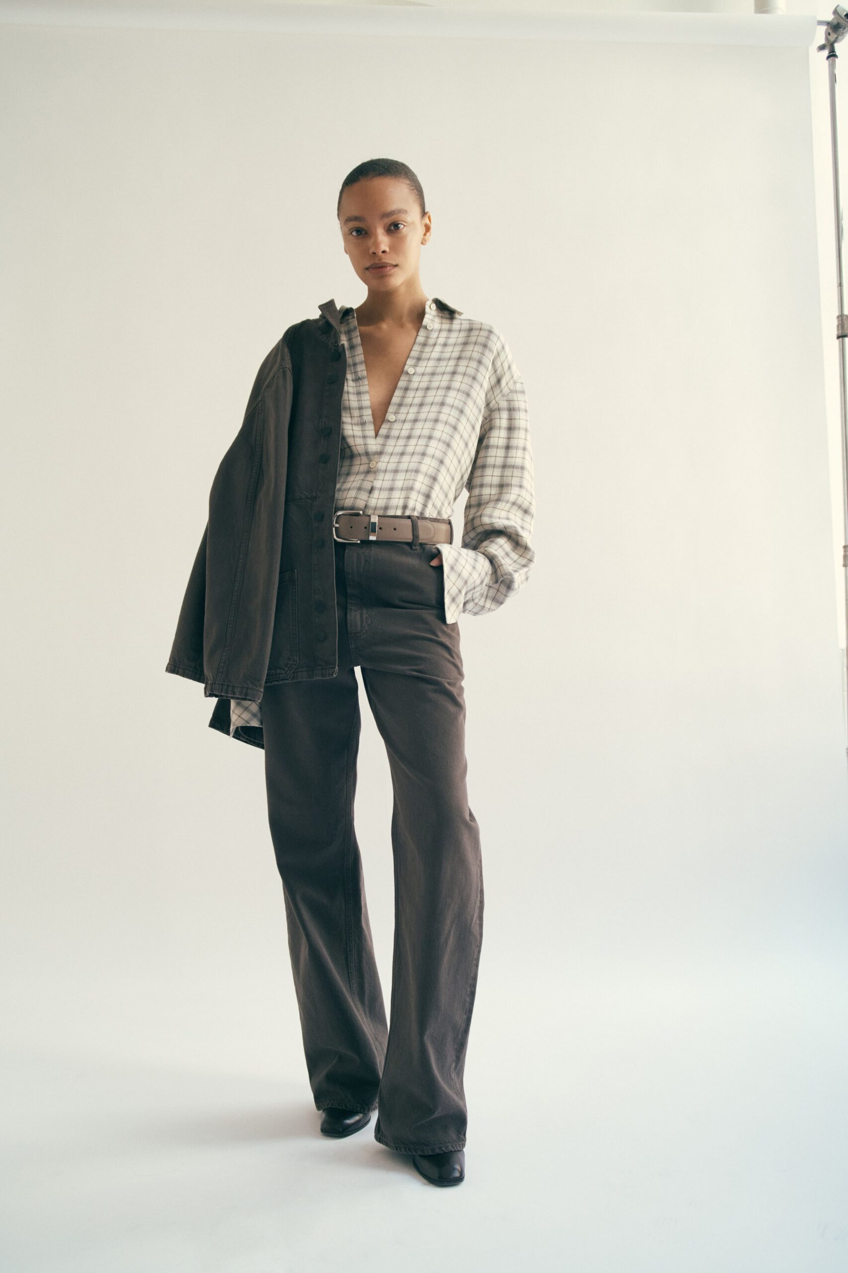 brown cotton fitted high-waisted flared pants