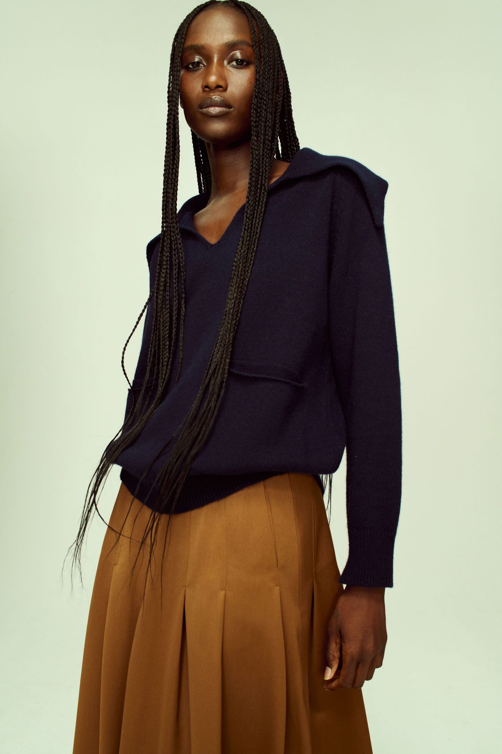 blue wool long-sleeve v-neck relaxed pleated sweater
