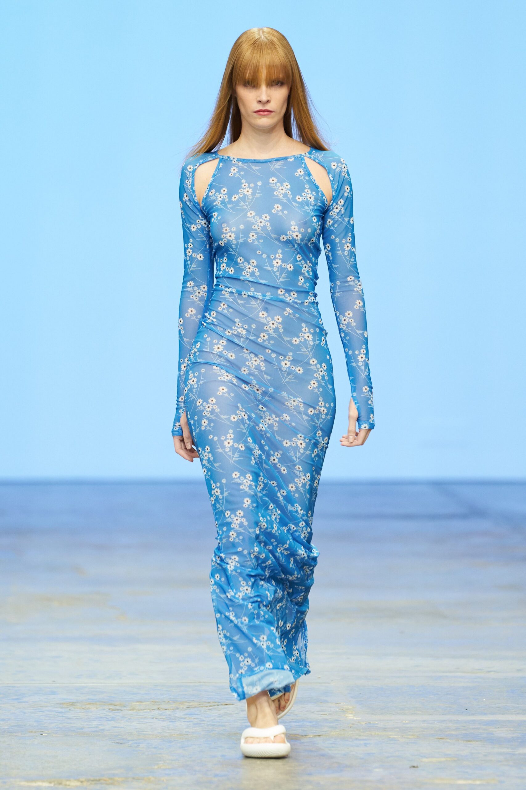 blue chiffon long-sleeve cutout fitted floral ruched gown
