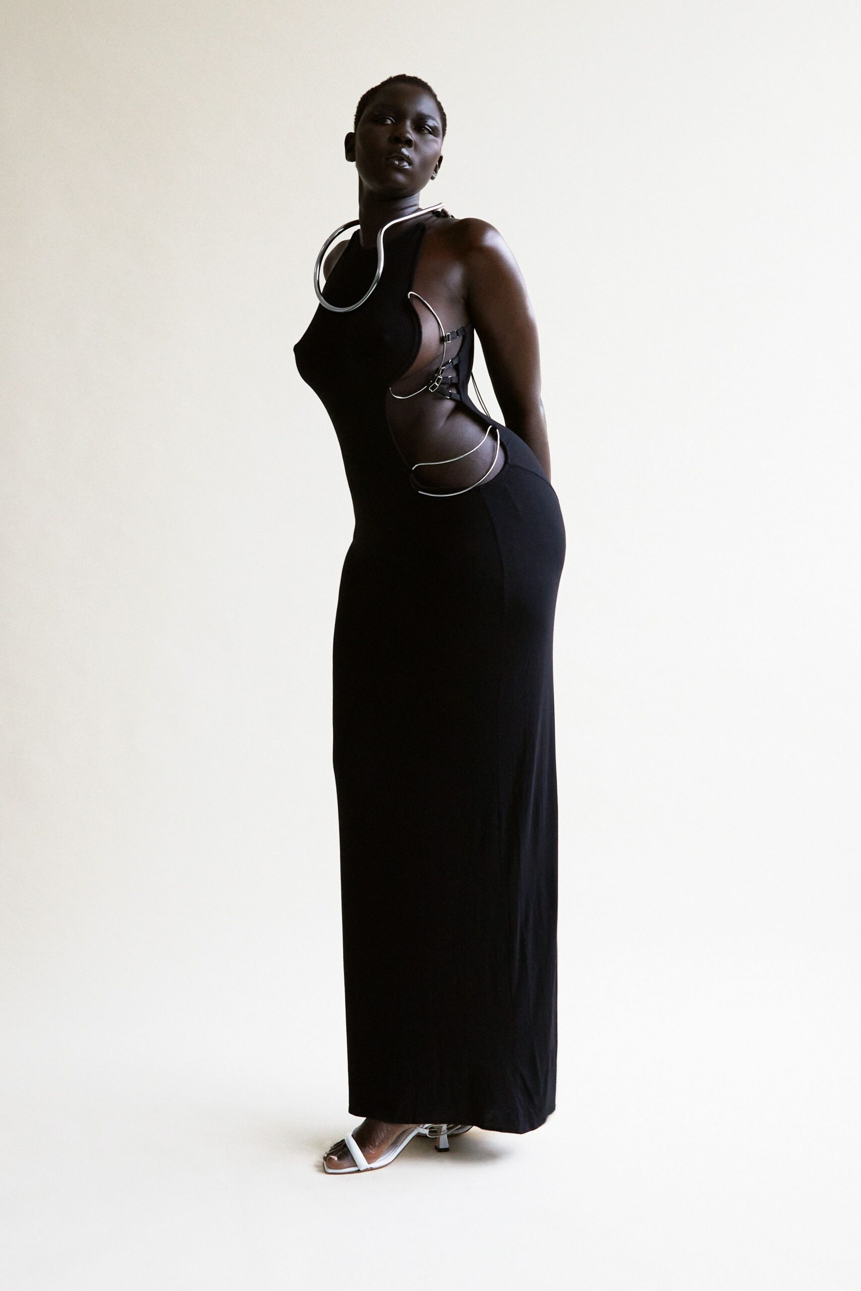 black fitted gown with cutouts
