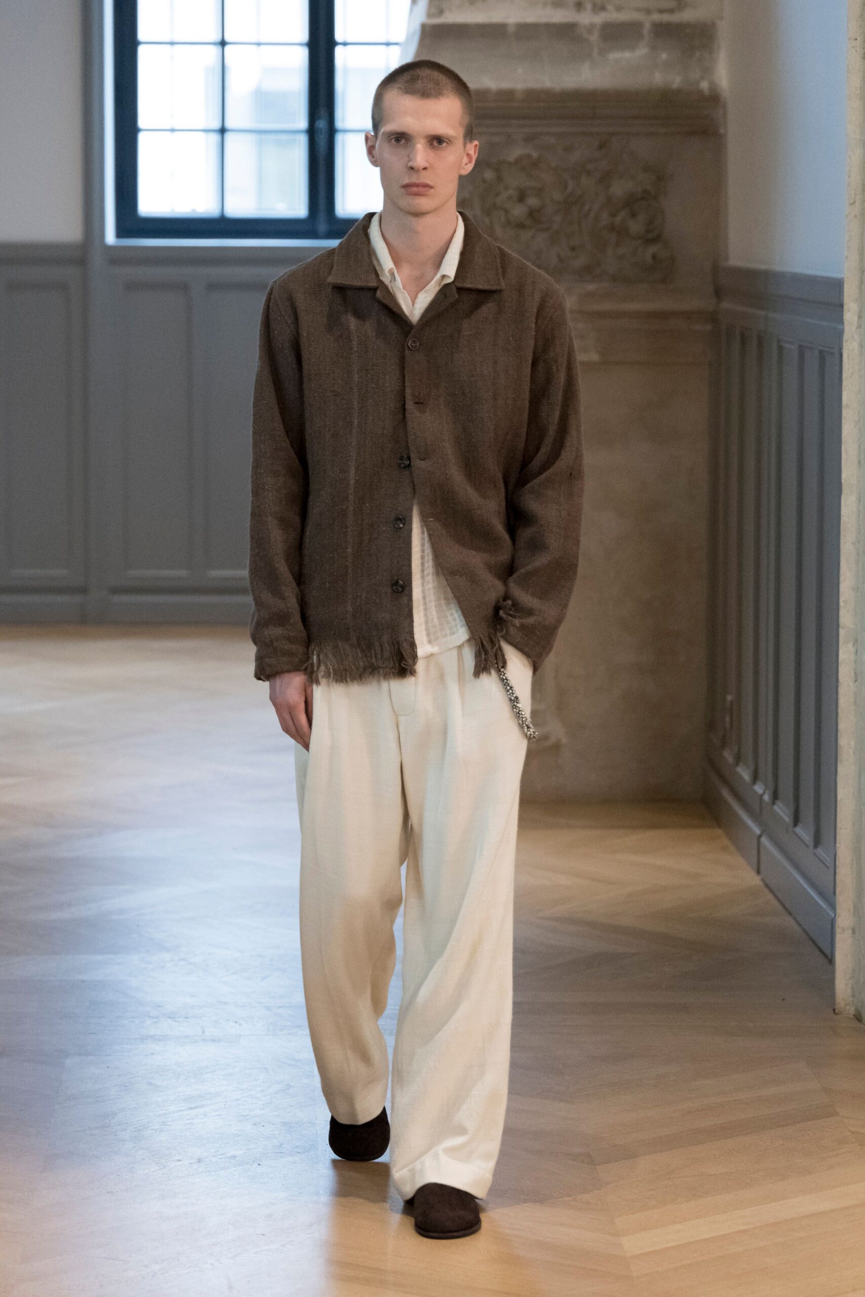 brown relaxed jacket with white shirt
