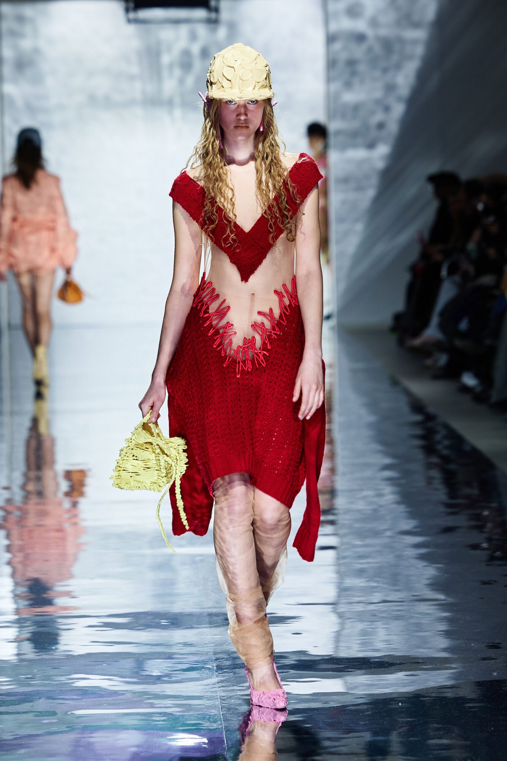 red cotton sleeveless v-neck fitted embroidered midi dress