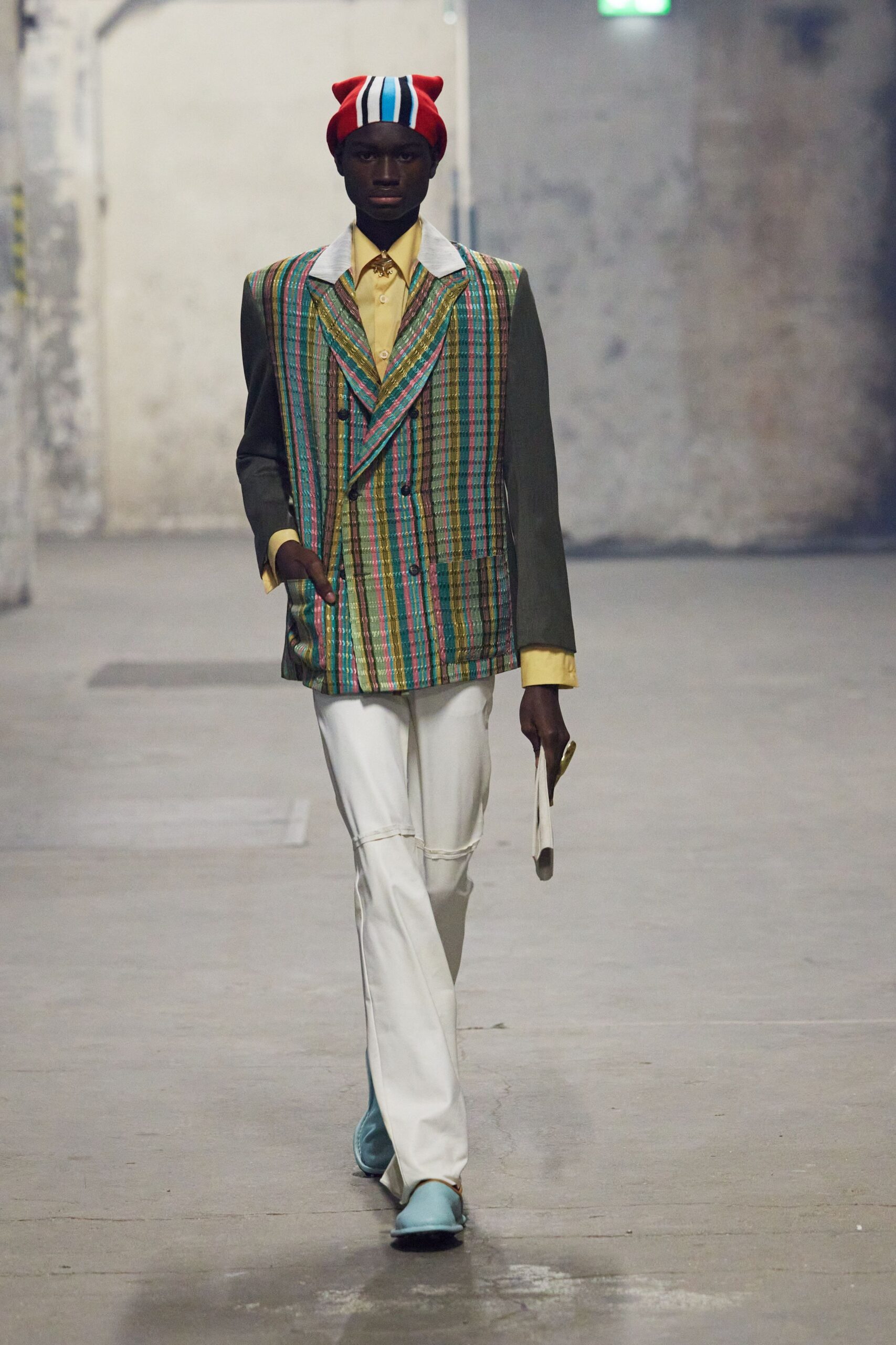 multi-colored blazer with yellow shirt