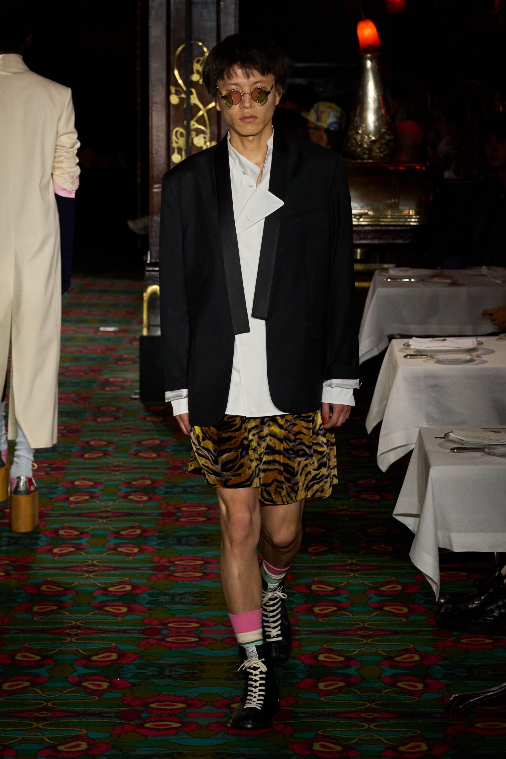 black blazer white shirt mini skirt