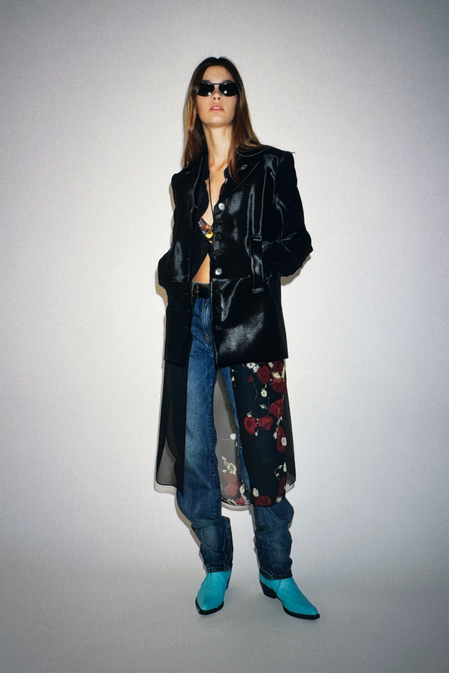 black silk long-sleeve collared structured buttoned layered blazer